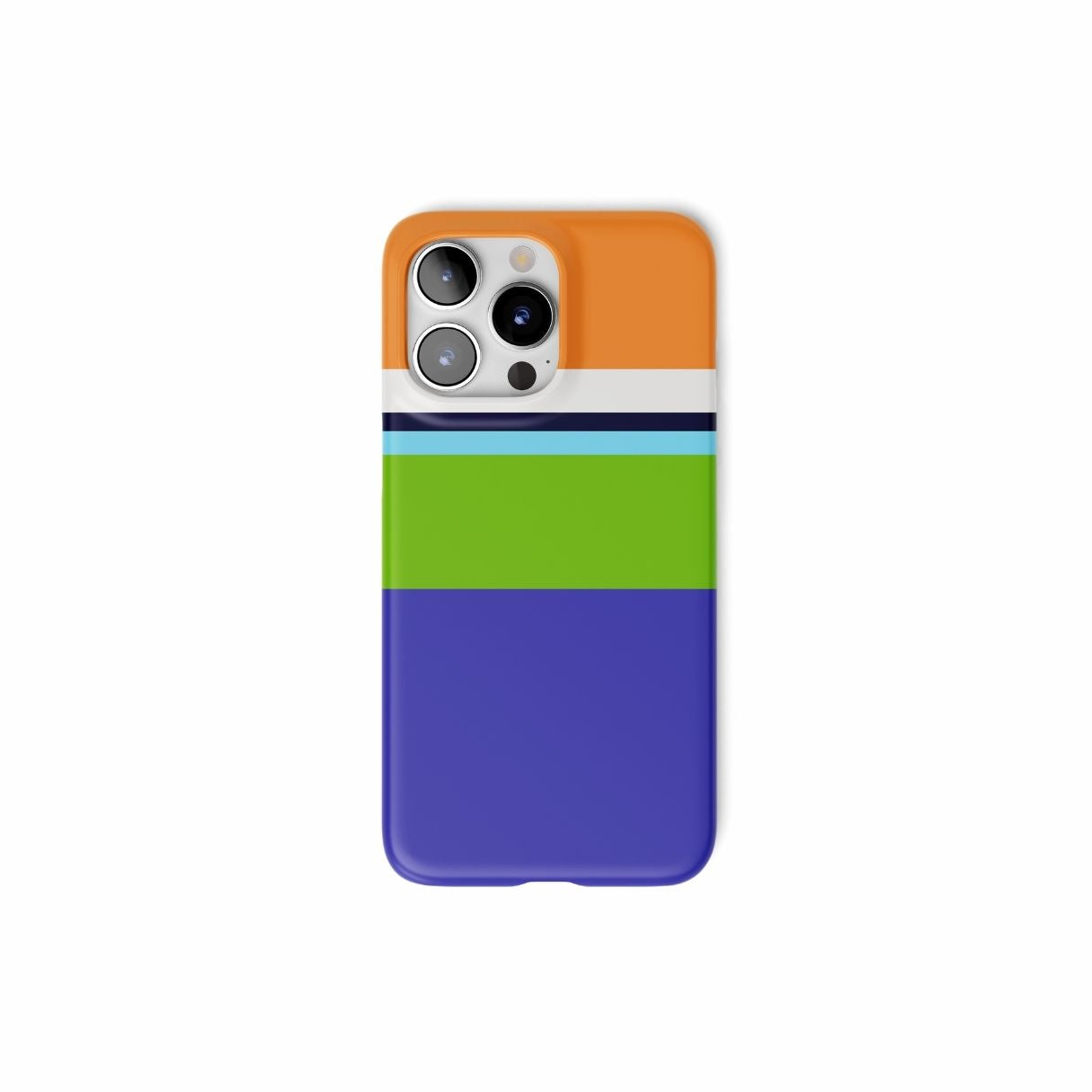 Ultra thin snap phone case Color Blocks Coastline pattern design with a color blocks, featuring an elegant and expressive aesthetic design. Main colors are light green, violet and orange. Front view.
