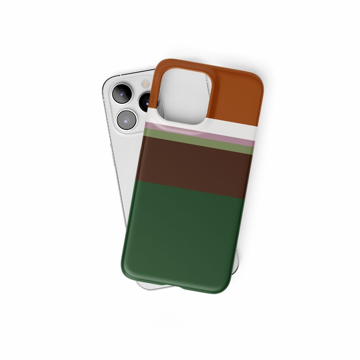 Ultra thin snap phone case Color Blocks Forest pattern design with a color blocks, featuring an elegant and expressive aesthetic design. Main colors are caramel, chocolate brown, rich green. Front view.