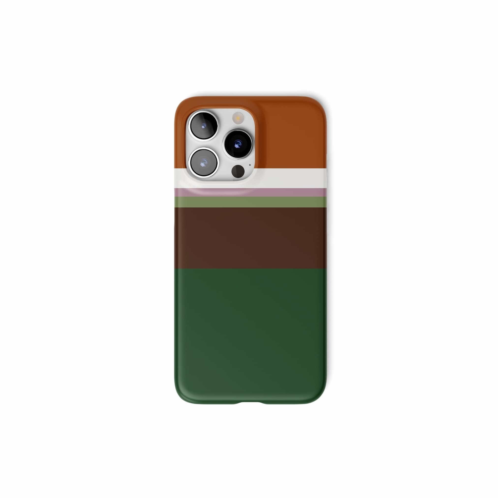 Ultra thin snap phone case Color Blocks Forest pattern design with a color blocks, featuring an elegant and expressive aesthetic design. Main colors are caramel, chocolate brown, rich green. Front view.