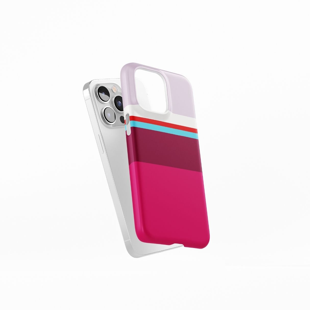 Ultra slim thin snap phone case Color Blocks Fuchsia pattern design with a color blocks, featuring an elegant and expressive aesthetic design. Main colors are lilac, red, passion pink and fuchsia. Side view.