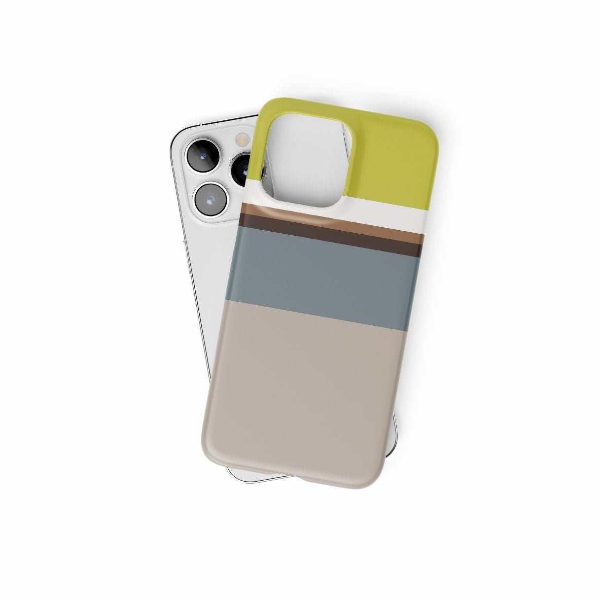 Ultra thin snap phone case Color Blocks Grey pattern design with a color blocks, featuring an elegant and expressive aesthetic design. Main colors are caramel, chocolate brown, yellow and gray. Front view.