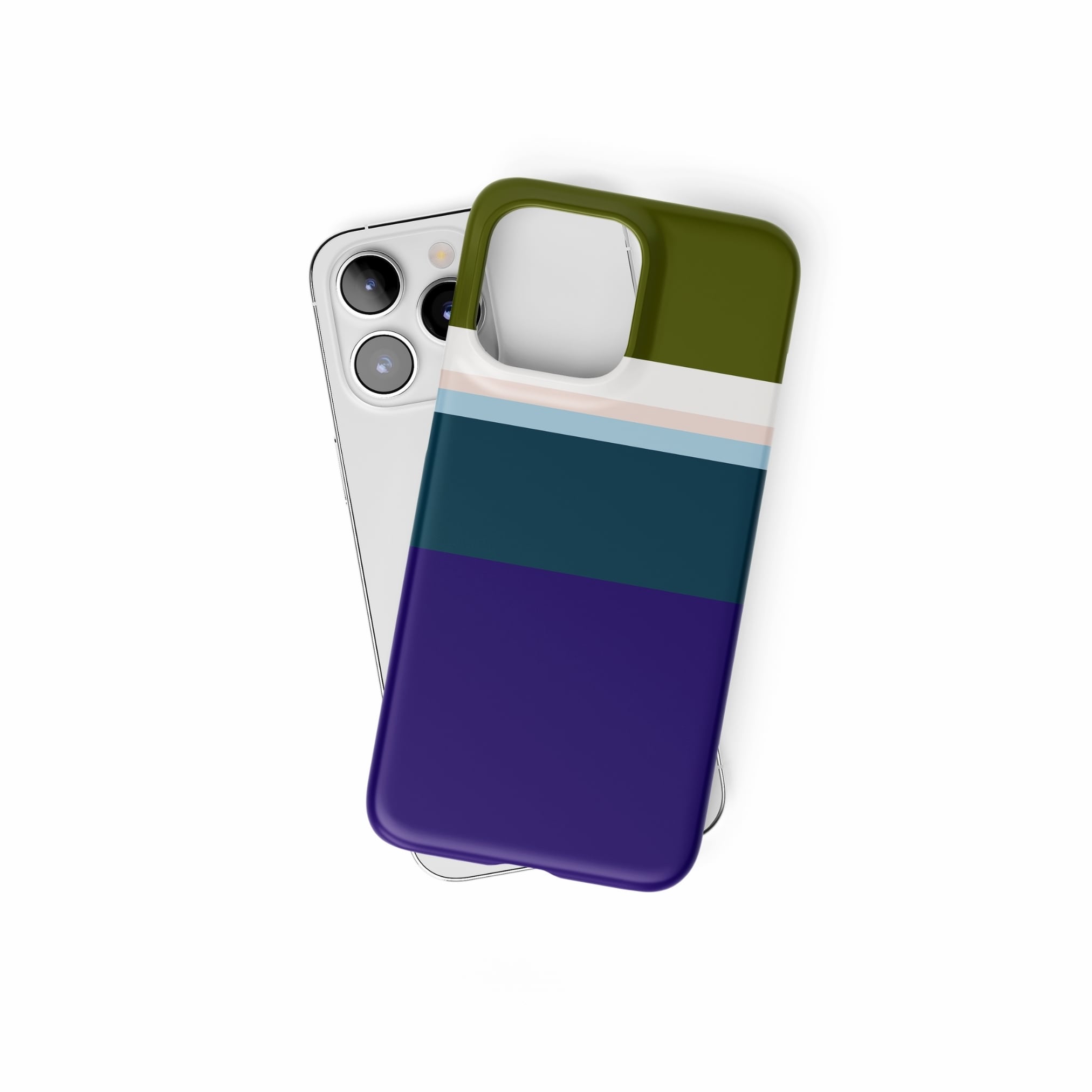 Ultra thin snap phone case Color Blocks Navy pattern design with a color blocks, featuring an elegant and expressive aesthetic design. Main colors are khaki, navy blue, deep marine, light blue and pink. Front view.