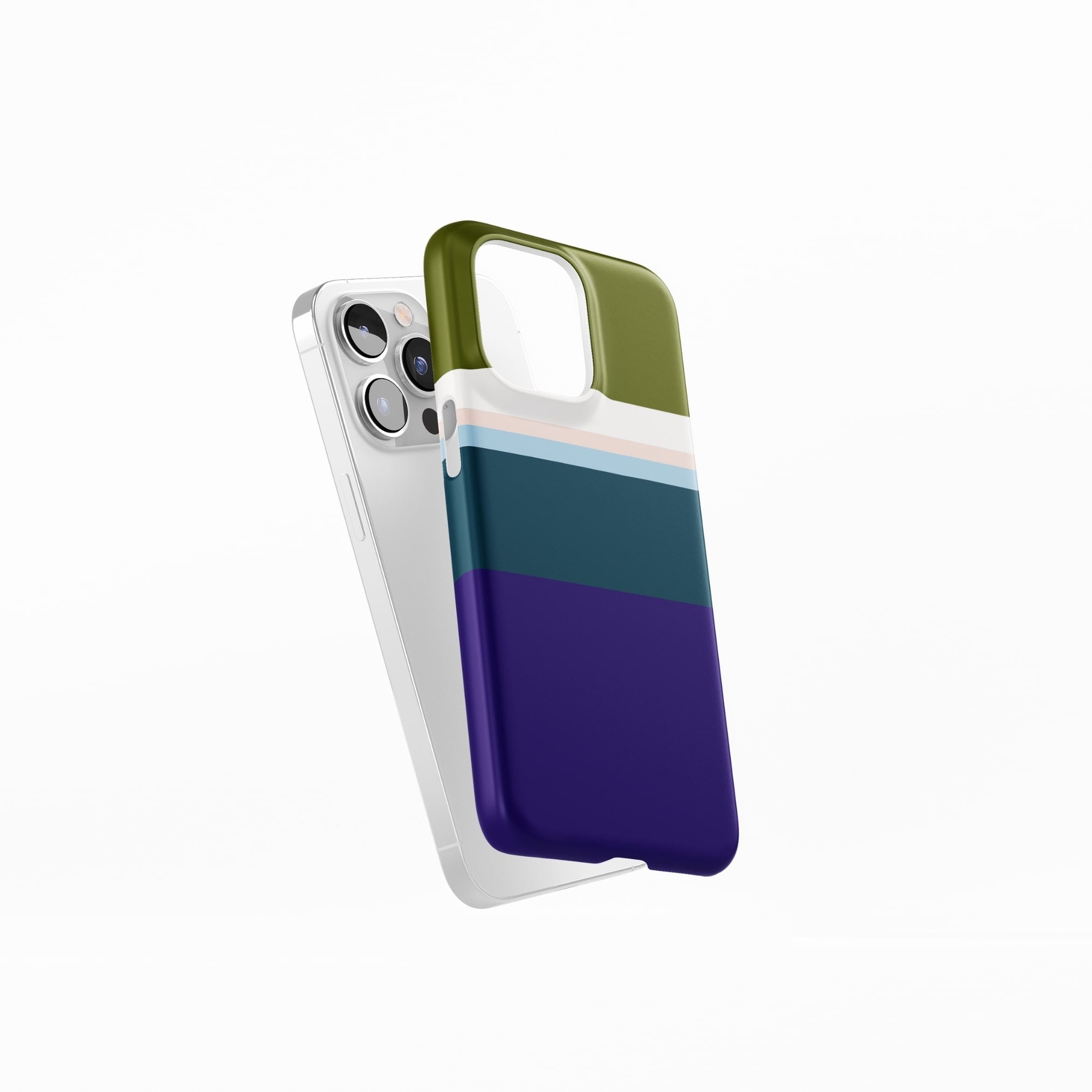 Ultra thin snap phone case Color Blocks Navy pattern design with a color blocks, featuring an elegant and expressive aesthetic design. Main colors are khaki, navy blue, deep marine, light blue and pink. Side view.