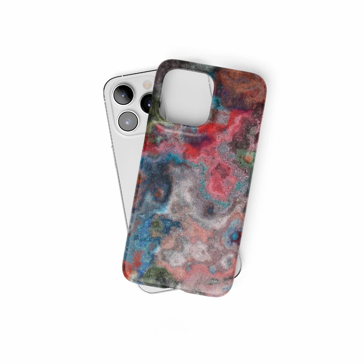 Snap phone case with vivid color pattern Color Fog abstract and artistic style, featuring an elegant and expressive aesthetic design. Main colors are red, deep blue and green. Front view.