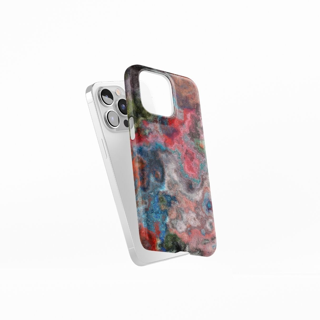 Snap phone case with vivid color pattern Color Fog abstract and artistic style, featuring an elegant and expressive aesthetic design. Main colors are red, deep blue and green. Side view.