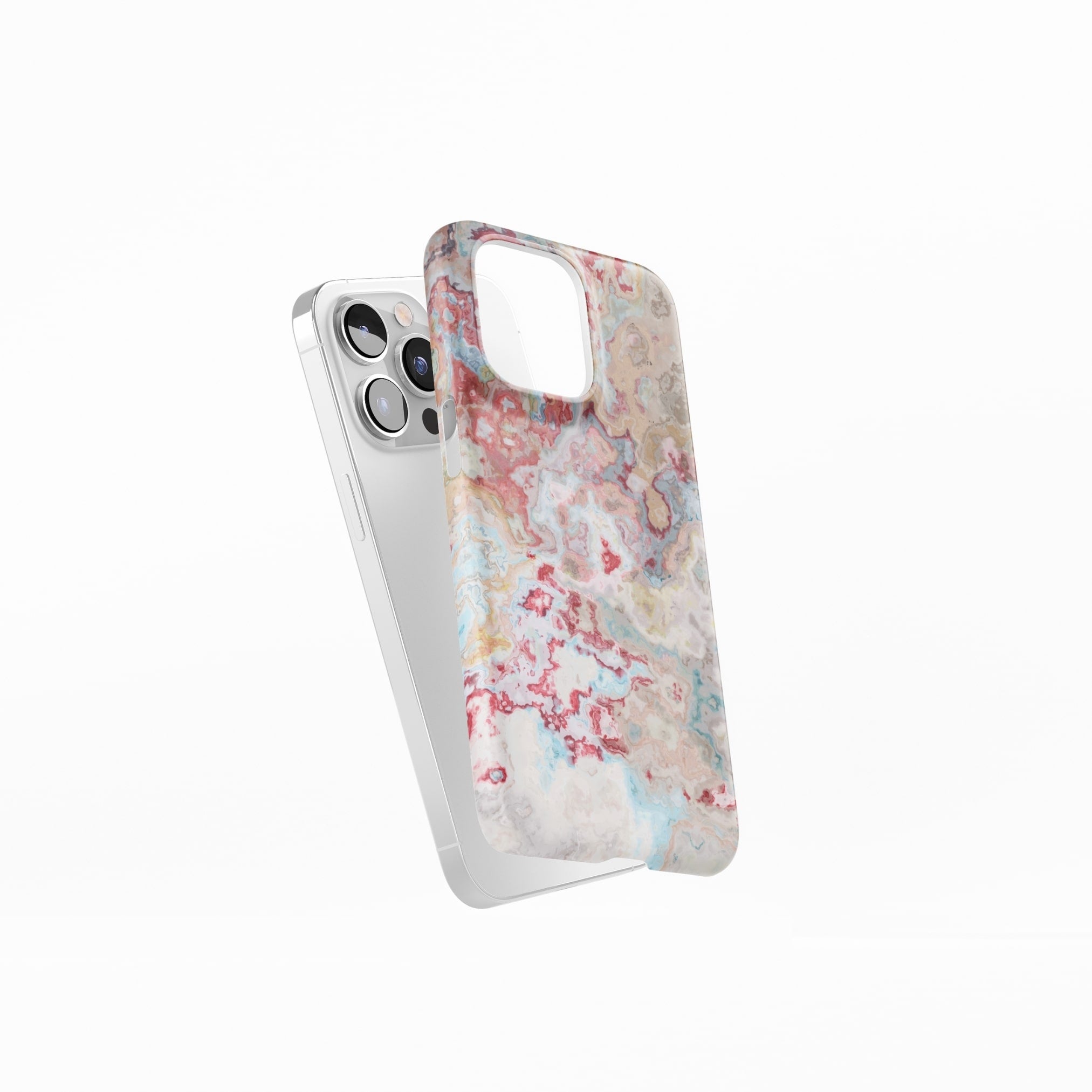Ultra thin snap phone case side view; Divine Blue 1 pattern, artistic, abstract marble pattern. Pink and light blue color combination.