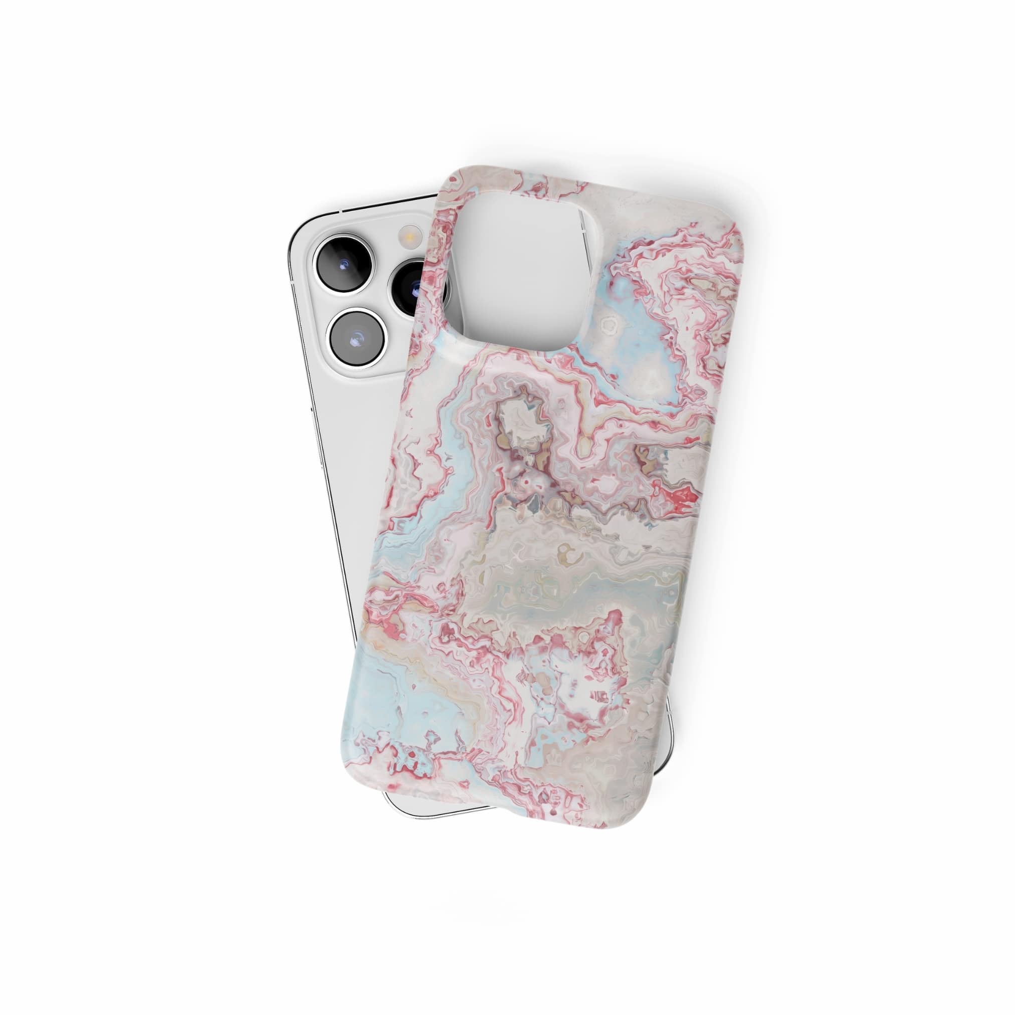 Ultra thin snap phone  case front view; Divine Blue 2 pattern, artistic, abstract marble pattern. Light blue and pink color combination. Bold expressive aesthetic design. Colorful and interior fit. Elegant.