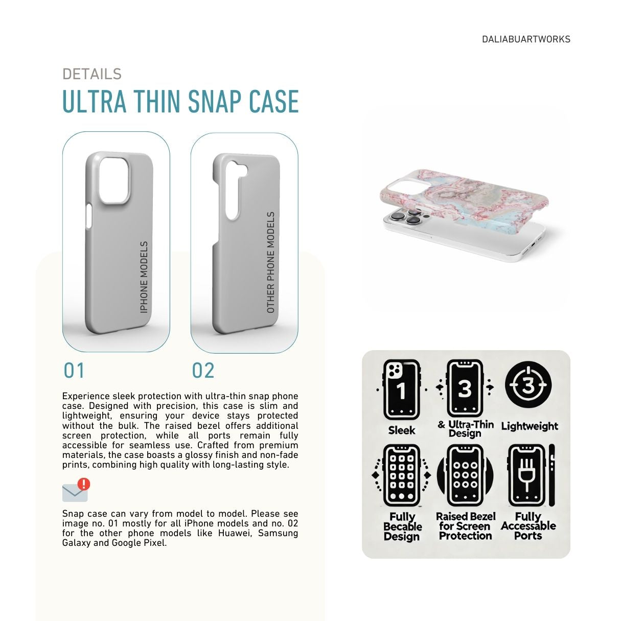 Ultra thin snap phone  case front view; Divine Blue River pattern, artistic, abstract marble pattern. Light blue and pink color combination. Details about snug fit phone case features and how to select correct case as per your phone model.