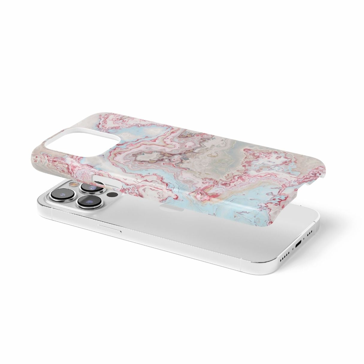 Ultra thin snap phone  case extend view; Divine Blue River pattern, artistic, abstract marble pattern. Light blue and pink color combination. Bold expressive aesthetic design. Colorful and interior fit. Elegant.