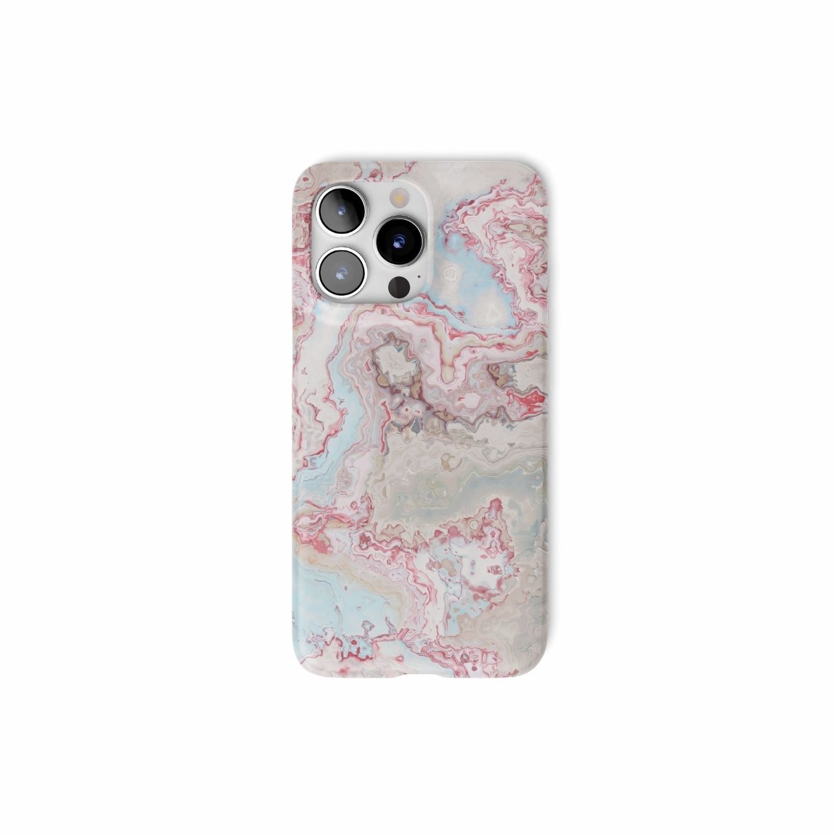 Ultra thin snap phone  case front view; Divine Blue River pattern, artistic, abstract marble pattern. Light blue and pink color combination. Bold expressive aesthetic design. Colorful and interior fit. Elegant.