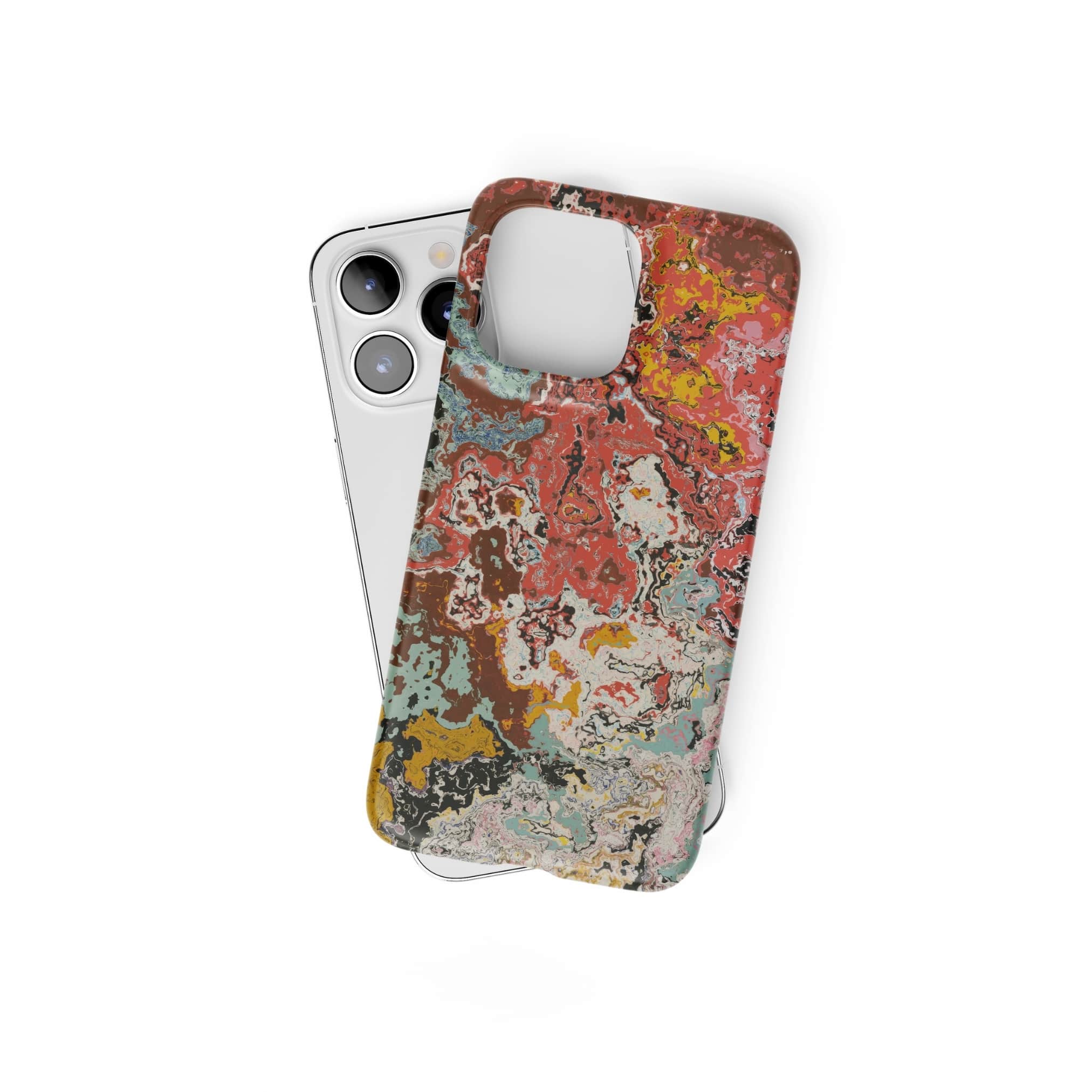 Ultra thin snap phone case front view; Earth in Flux 1 pattern, artistic, abstract marble pattern. Blue and brick red color combination. Bold expressive aesthetic design. Colorful and interior fit. Elegant.
