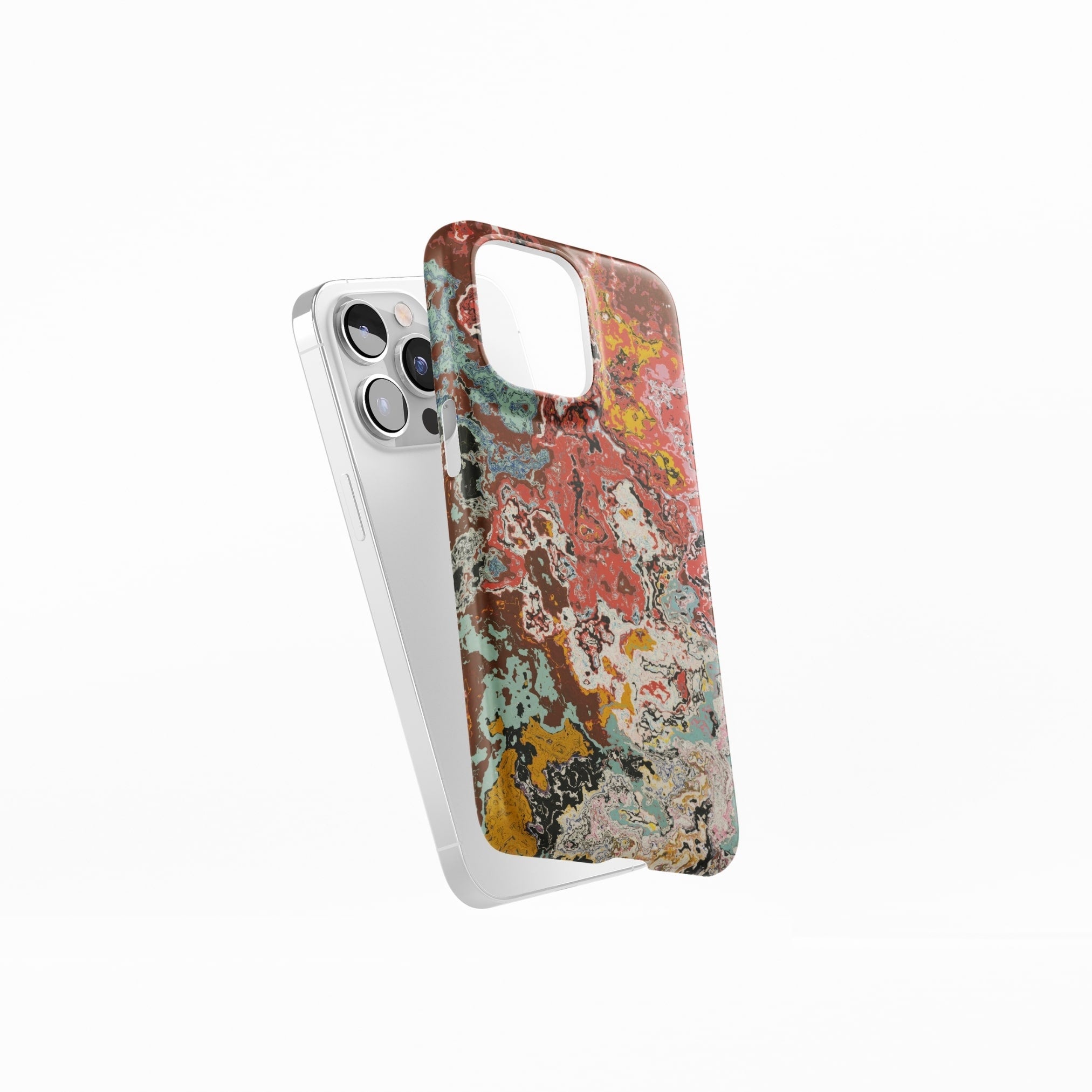 Ultra thin snap phone case side view; Earth in Flux 1 pattern, artistic, abstract marble pattern. Blue and brick red color combination. 