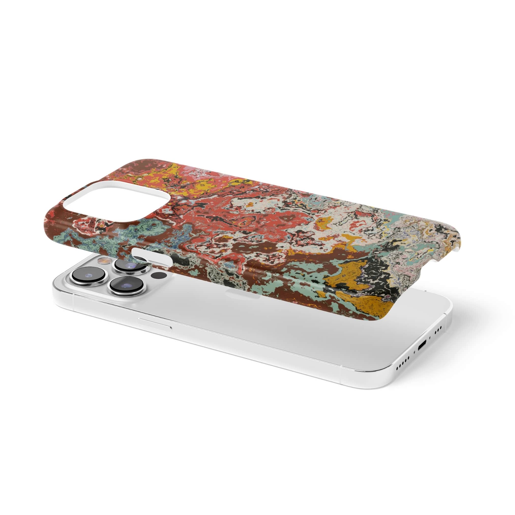 Ultra thin snap phone case extend view; Earth in Flux pattern, artistic, abstract marble pattern. Blue and brick red color combination. 