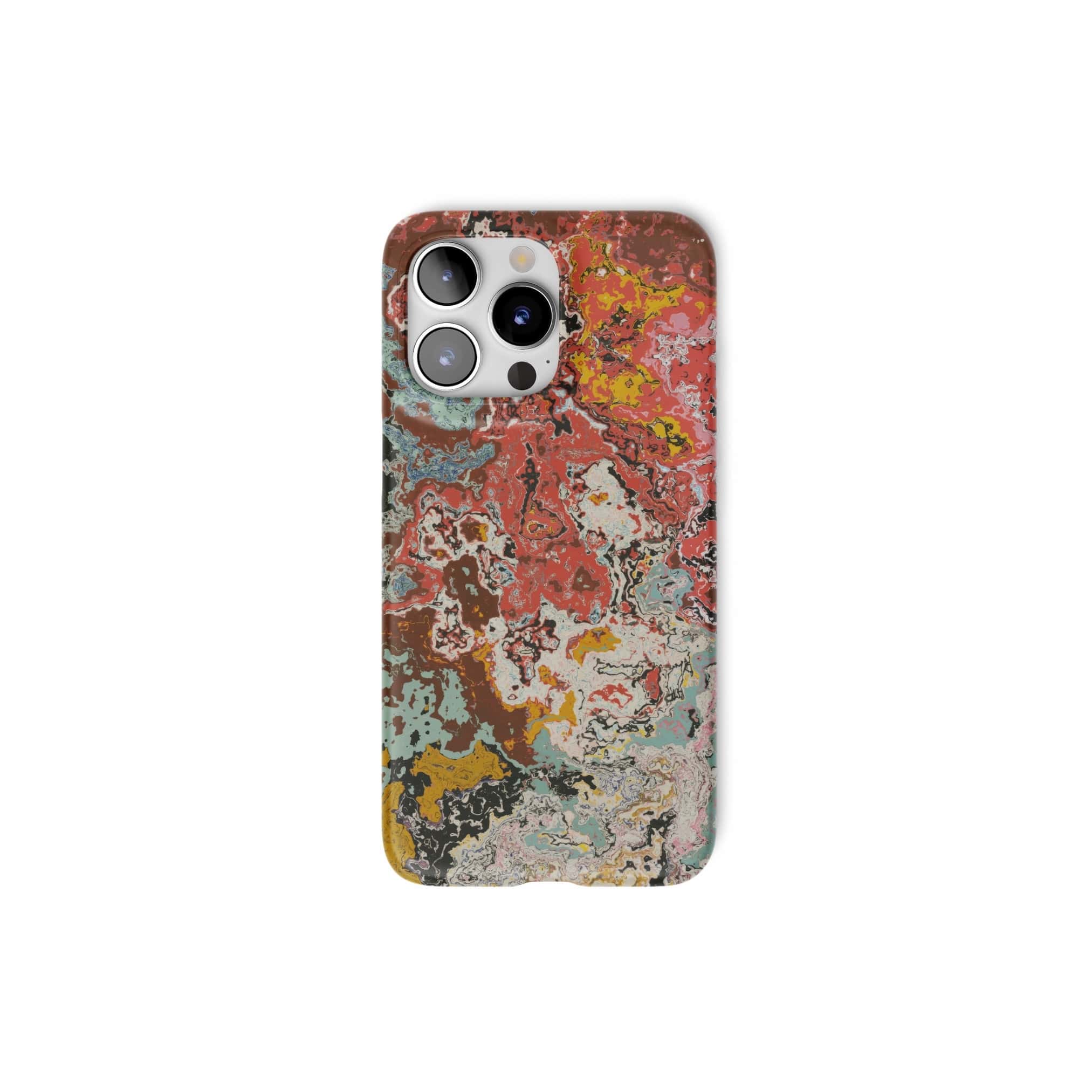 Ultra thin snap phone case front view; Earth in Flux pattern, artistic, abstract marble pattern. Blue and brick red color combination. 