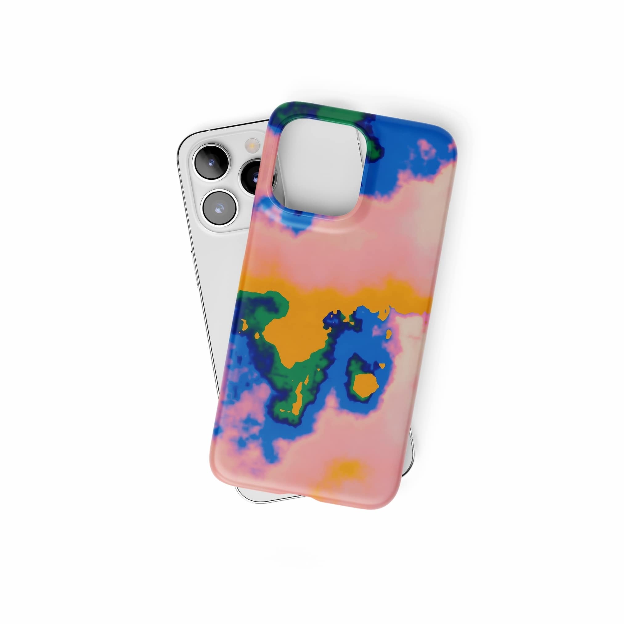 Ultra thin snap phone case front view; Electricity 1 pattern, artistic, abstract marble pattern. Blue and orange color combination. Bold expressive aesthetic design. Colorful and interior fit. Elegant.