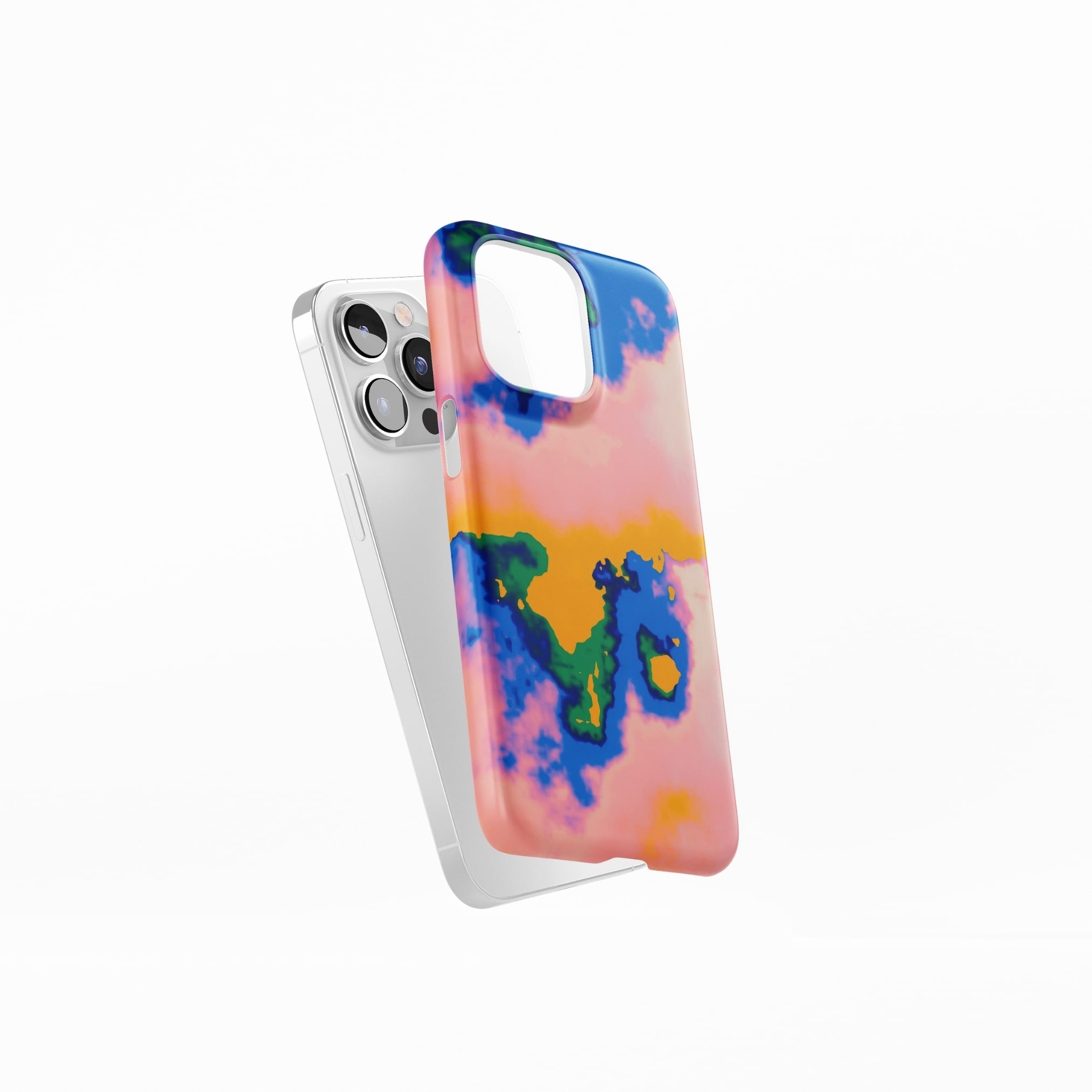 Ultra thin snap phone case side view; Electricity 1 pattern, artistic, abstract marble pattern. Blue and orange color combination. 