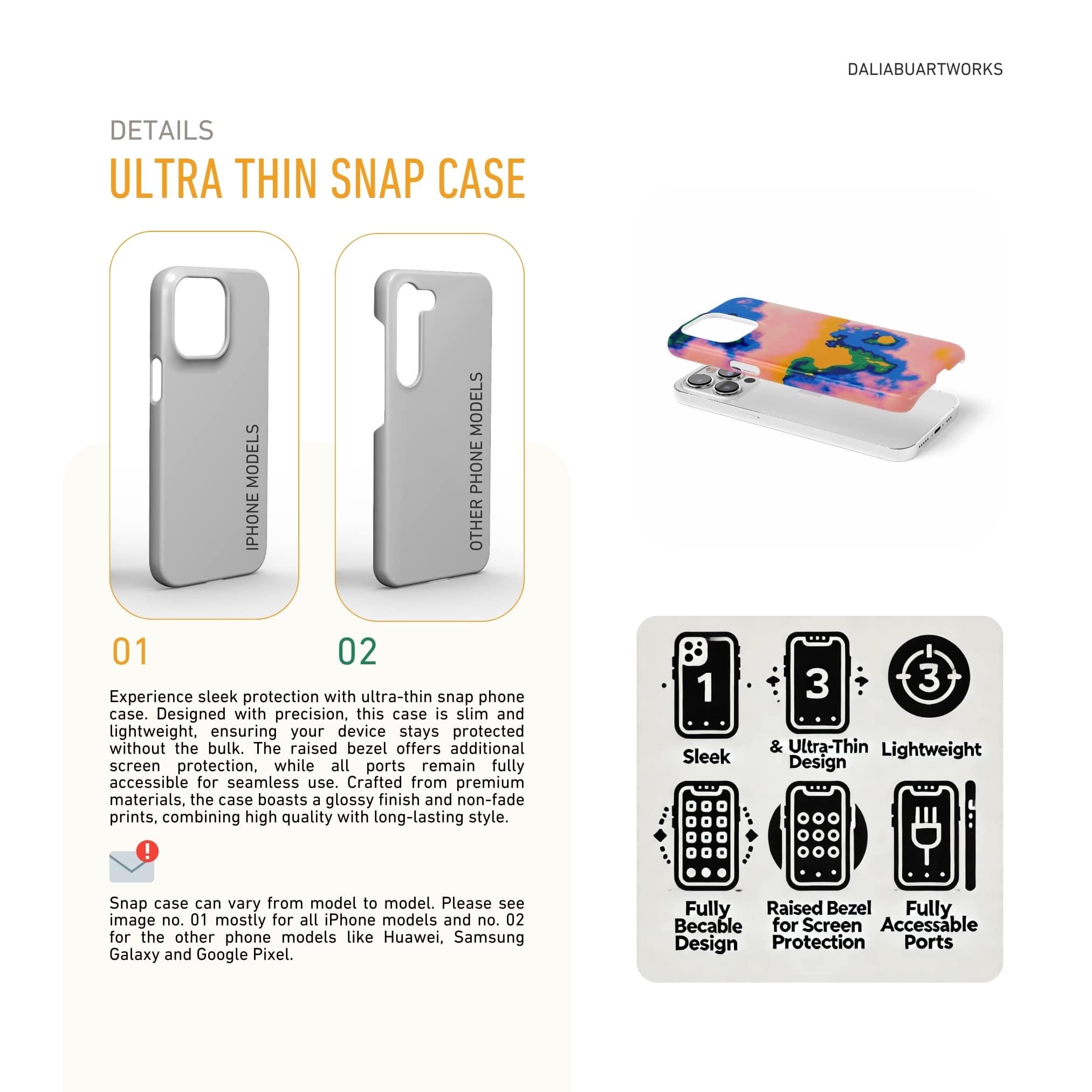 Ultra thin snap phone case front view; Electricity pattern, artistic, abstract marble pattern. Blue and orange color combination. Description about ultra thin snug fit phone case features and how to select correct case as per phone model type.