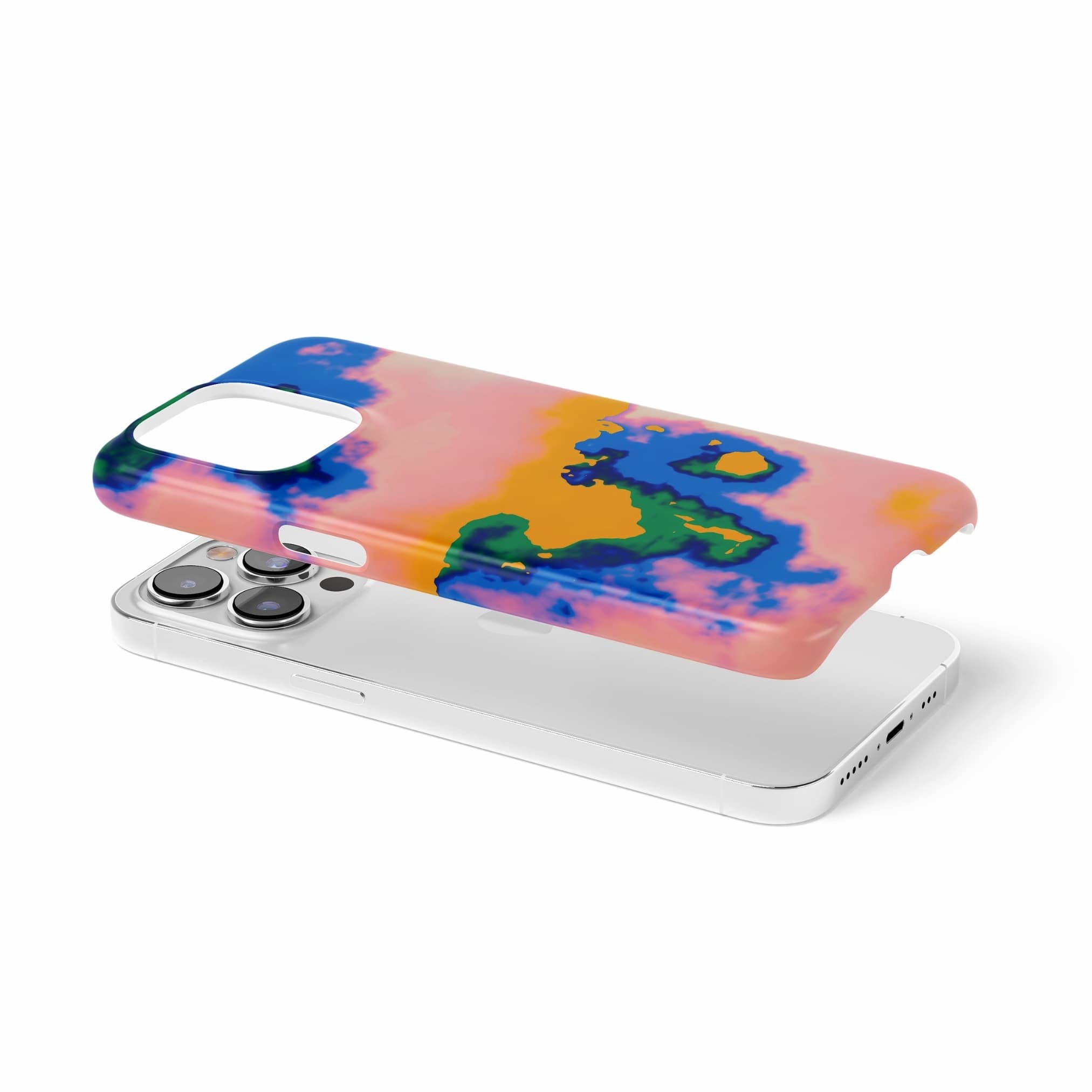 Ultra thin snap phone case extend view; Electricity pattern, artistic, abstract marble pattern. Blue and orange color combination. 
