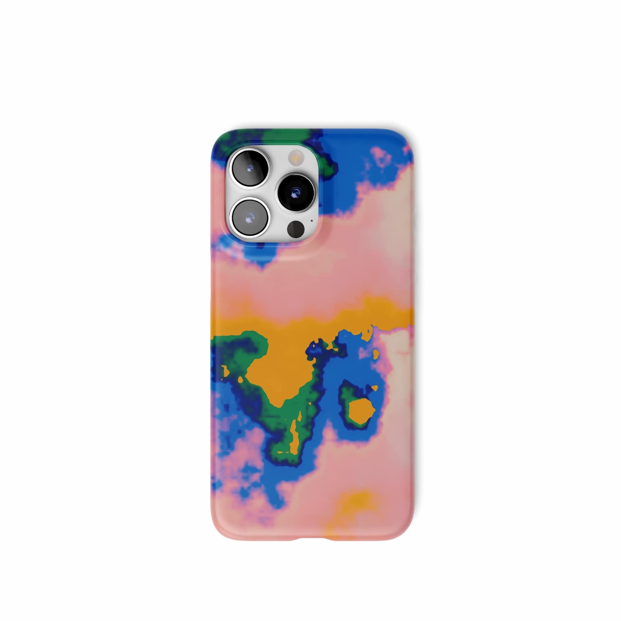 Ultra thin snap phone case front view; Electricity pattern, artistic, abstract marble pattern. Blue and orange color combination. 