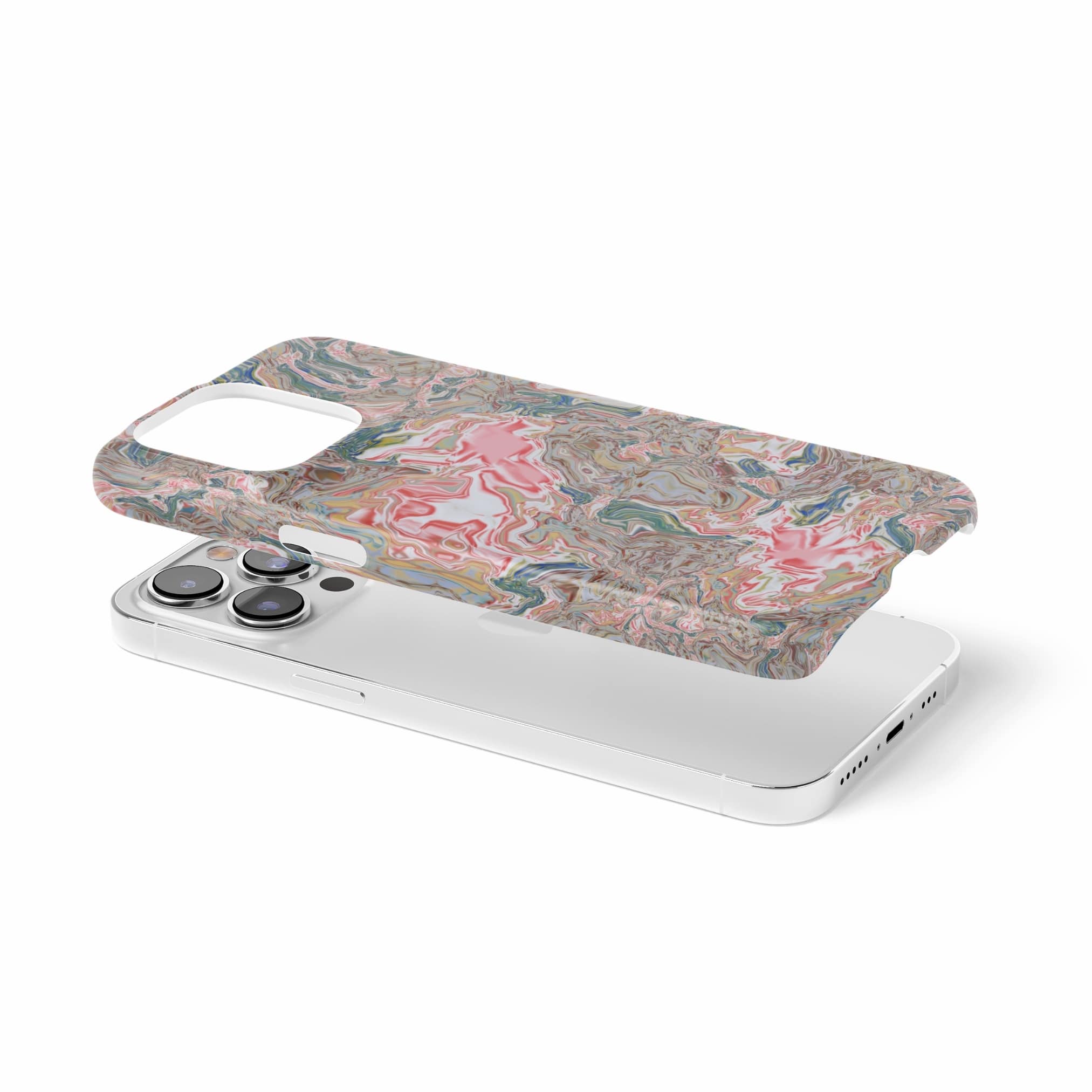 Ultra thin snap phone case extend view; Feel Impress pattern, artistic, abstract marble pattern. Pastel blue, green and red color combination. Inspired by impressionist art.