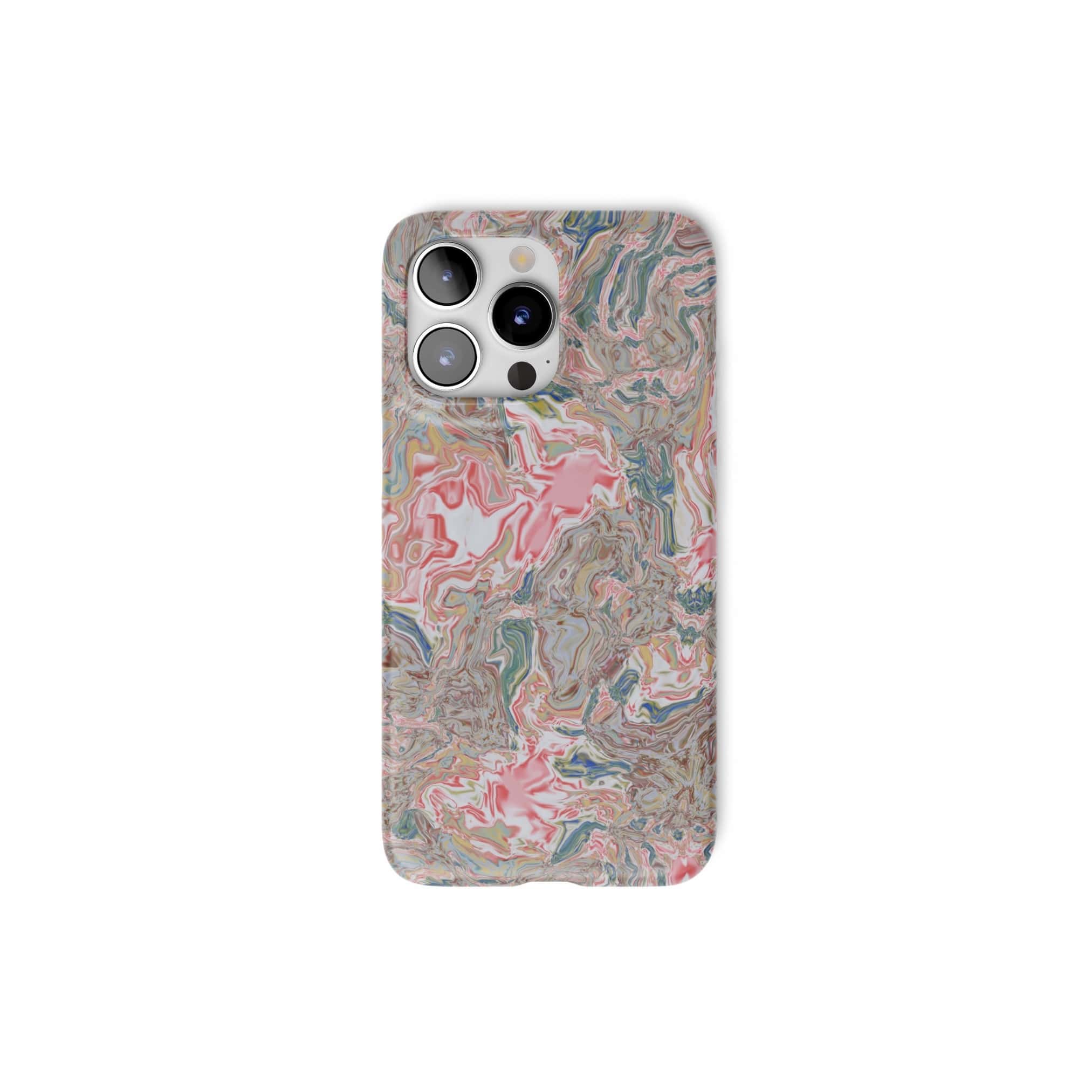 Ultra thin snap phone case front view; Feel Impress pattern, artistic, abstract marble pattern. Pastel blue, green and red color combination. Inspired by impressionist art.