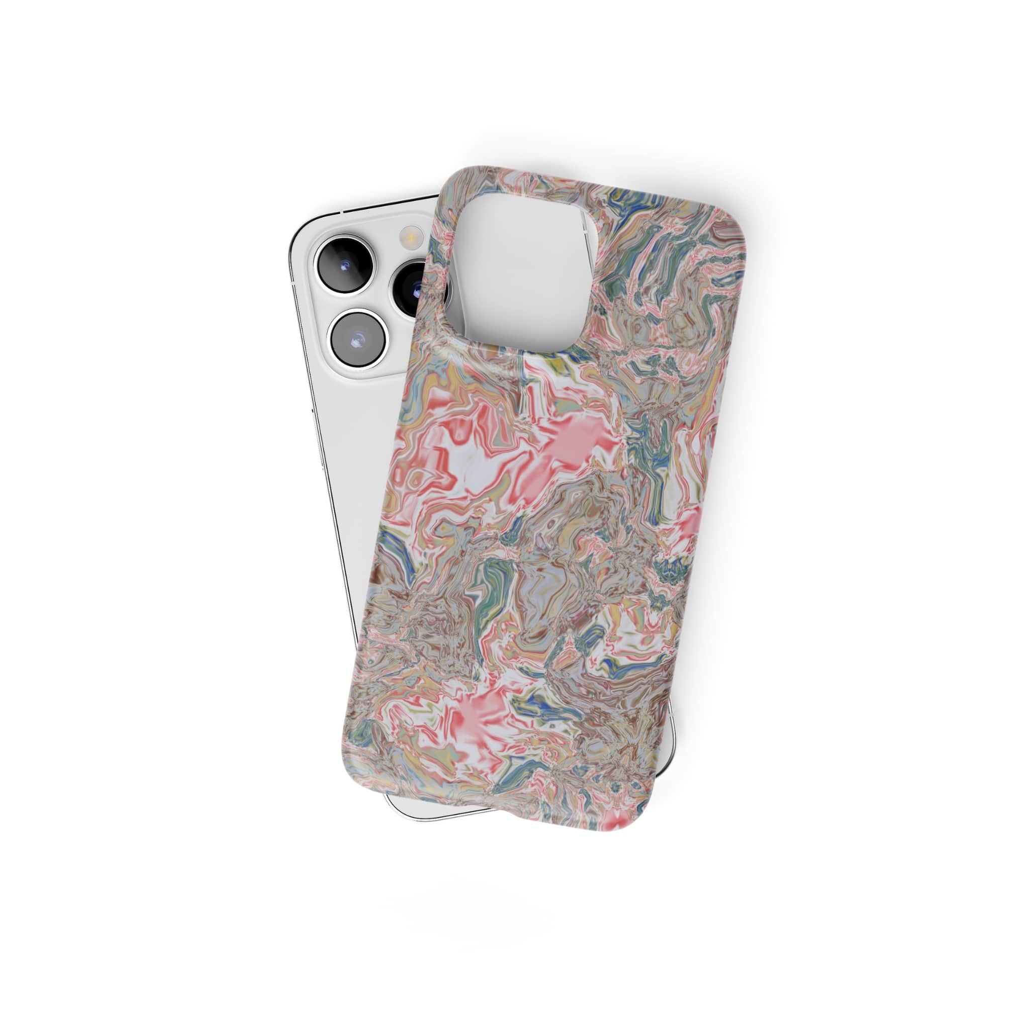 Ultra thin snap phone case front view; Feel Impress pattern, artistic, abstract marble pattern. Pastel blue, green and red color combination. Inspired by impressionist art. Bold expressive aesthetic design. Colorful and interior fit. Elegant.