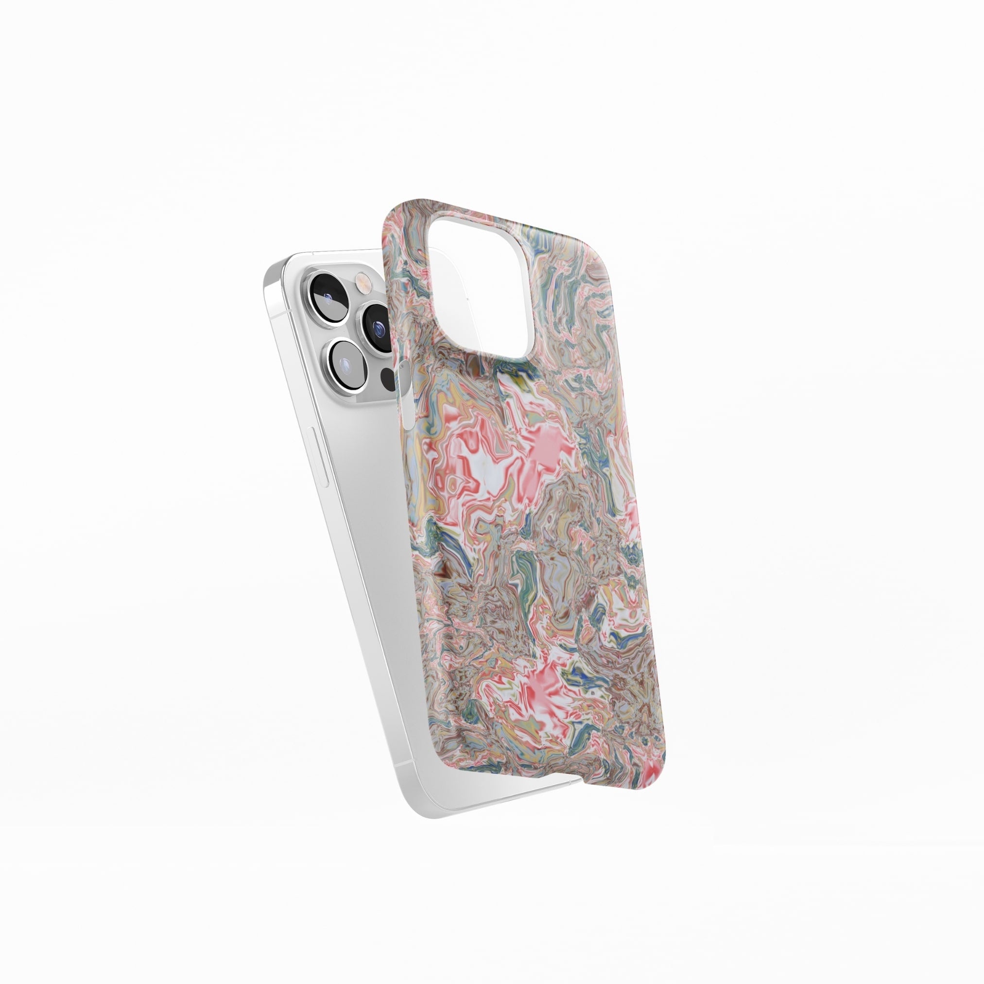 Ultra thin snap phone case side view; Feel Impress pattern, artistic, abstract marble pattern. Pastel blue, green and red color combination. Inspired by impressionist art.