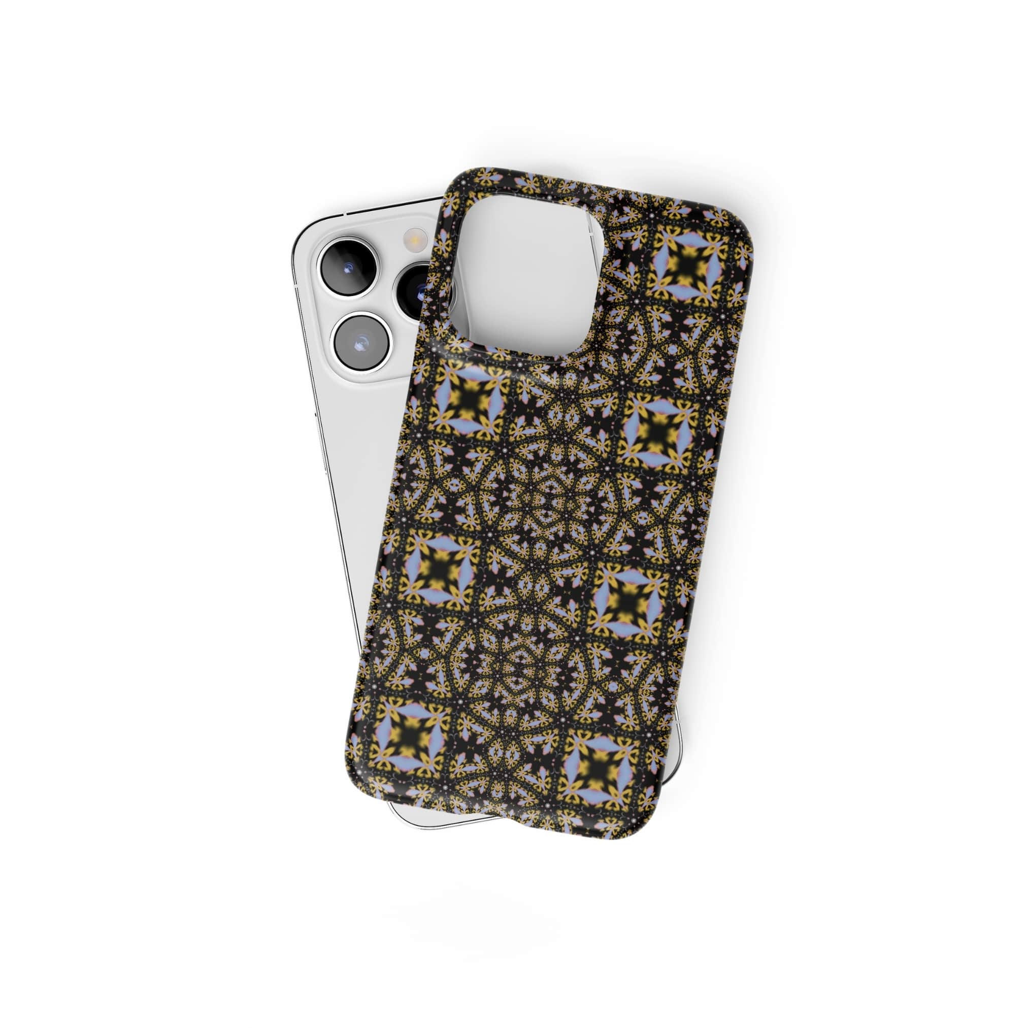 Snap phone case Fleurs Du Jardin 1 pattern with geometric design, featuring an elegant and expressive aesthetic shape. Main colors are blue, yellow and dark purple. Front view.