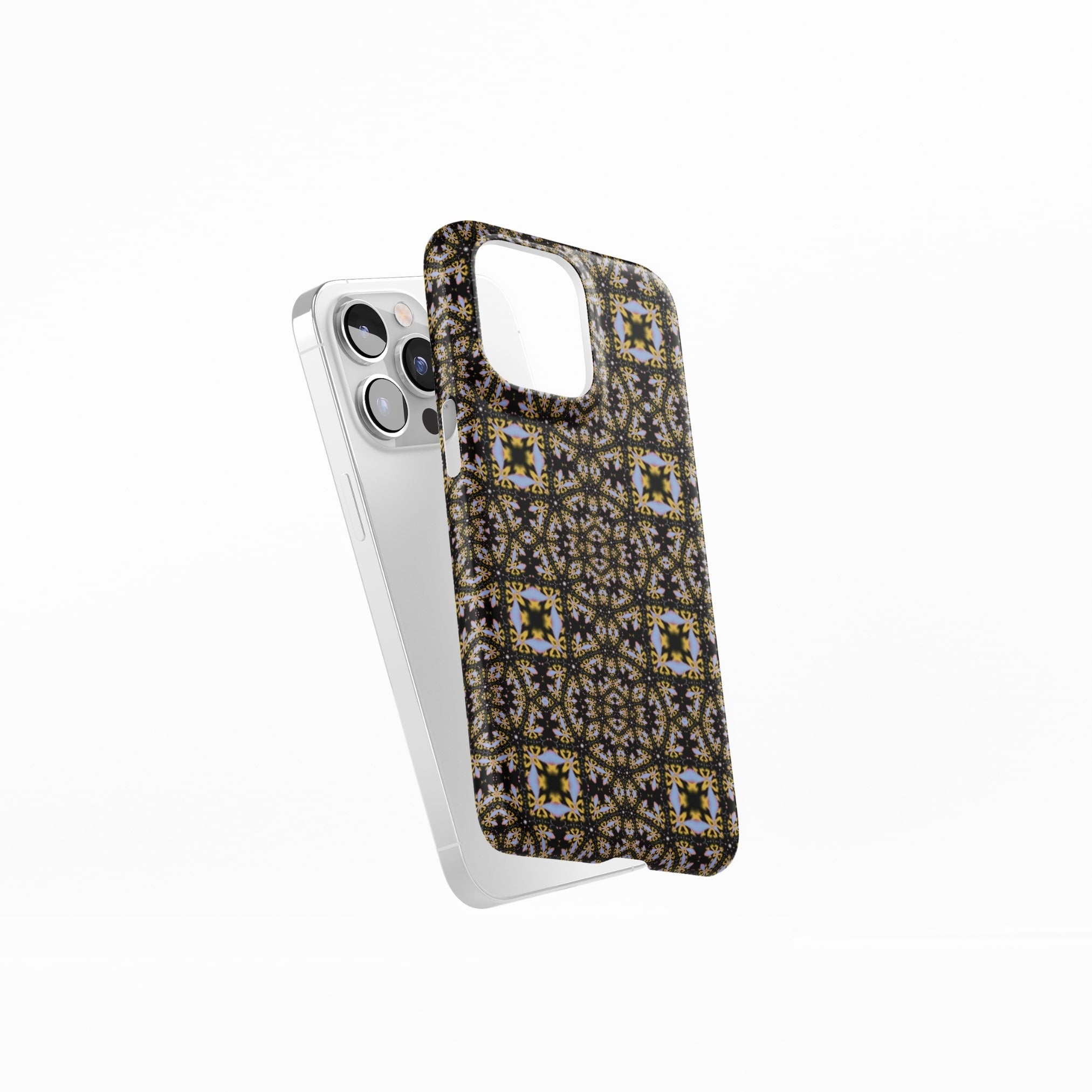 Snap phone case Fleurs Du Jardin 1 pattern with geometric design, featuring an elegant and expressive aesthetic shape. Main colors are blue, yellow and dark purple. Side view.