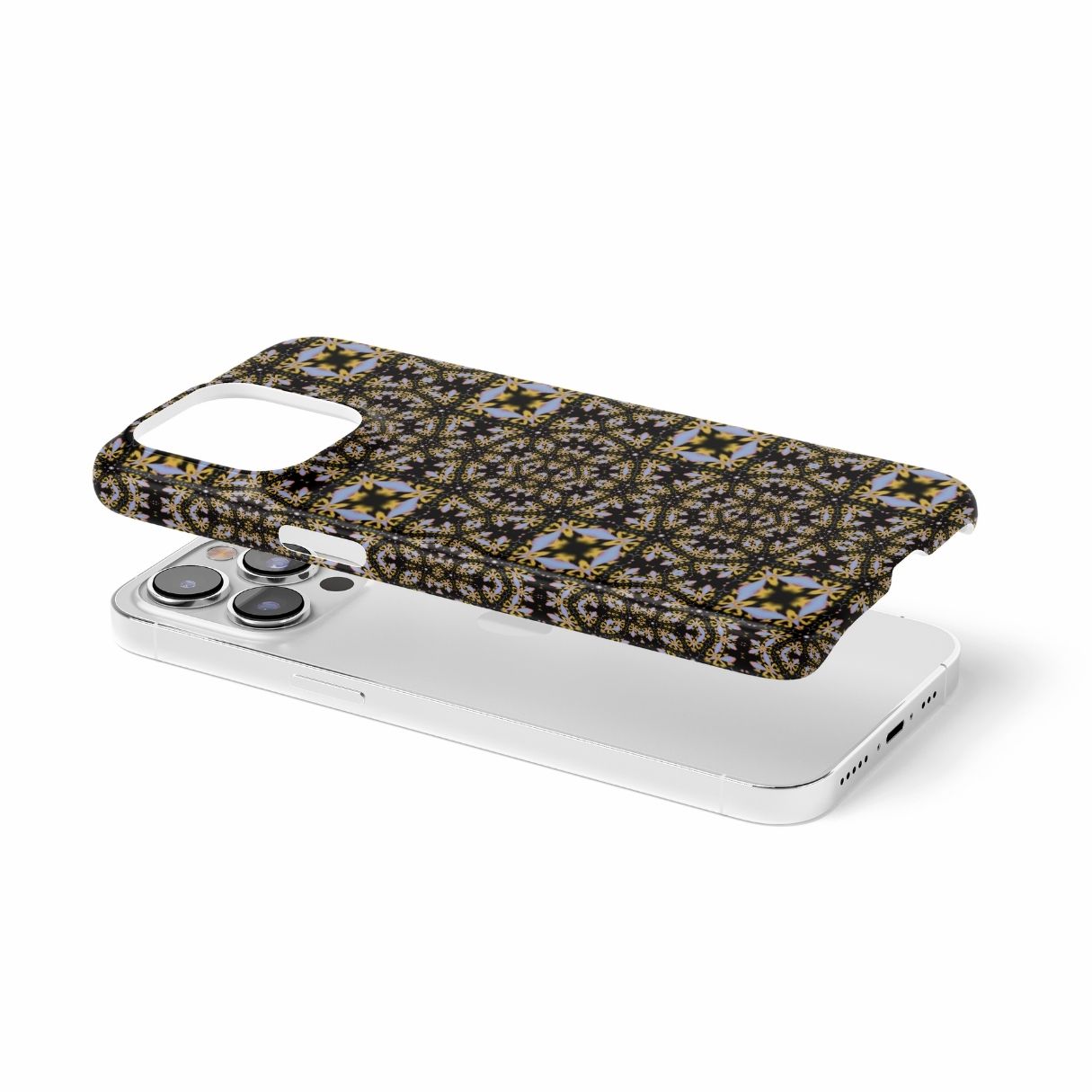 Snap phone case Fleurs Du Jardin pattern with geometric design, featuring an elegant and expressive aesthetic shape. Main colors are blue, yellow and dark purple. Extend view.