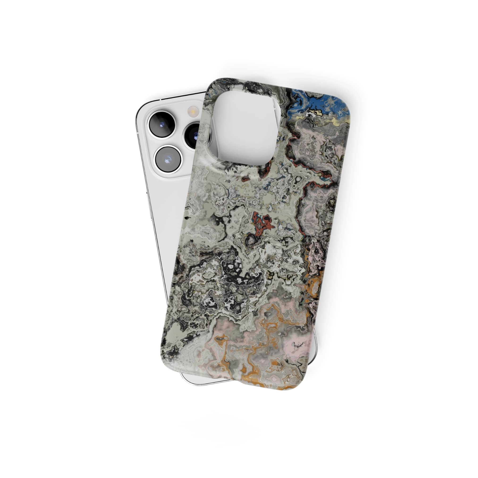 Snap phone case front view; full moon 1 pattern, marble pattern; moon surface imagination. Bold expressive aesthetic design. Colorful and interior fit. Elegant.