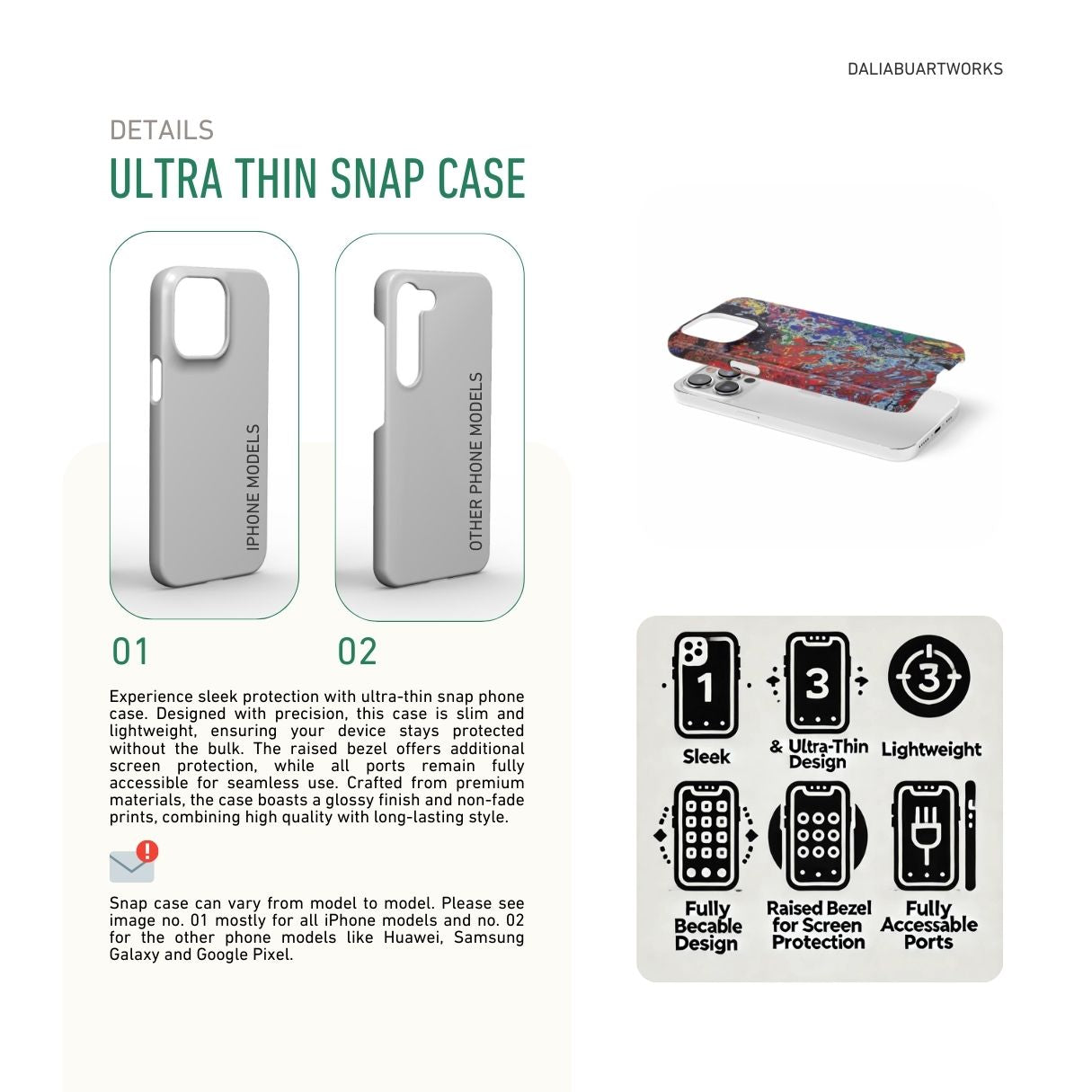 Snap ultra thin phone case with a bold vivid pattern Graffiti Pulse abstract and artistic style, featuring an elegant and expressive aesthetic design. Main colors are red, blue, black and yellow. Description.