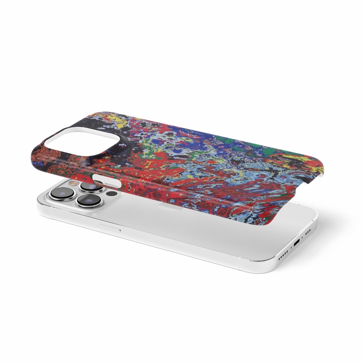 Snap ultra thin phone case with a bold vivid pattern Graffiti Pulse abstract and artistic style, featuring an elegant and expressive aesthetic design. Main colors are red, blue, black and yellow. Extend view.