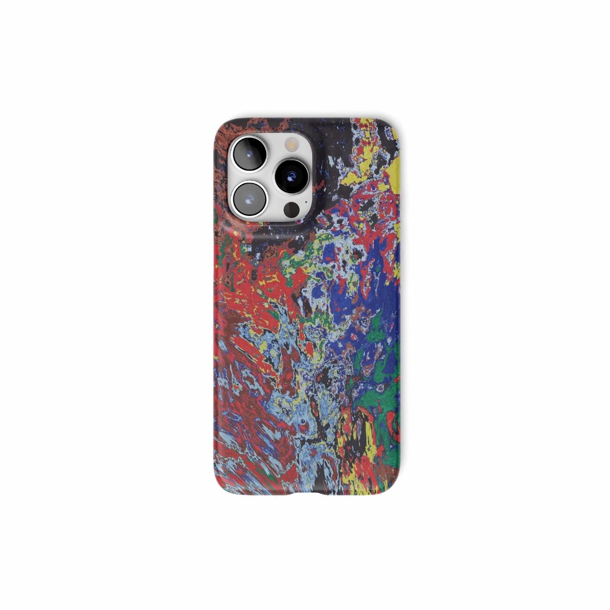 Snap ultra thin phone case with a bold vivid pattern Graffiti Pulse abstract and artistic style, featuring an elegant and expressive aesthetic design. Main colors are red, blue, black and yellow. Front view.