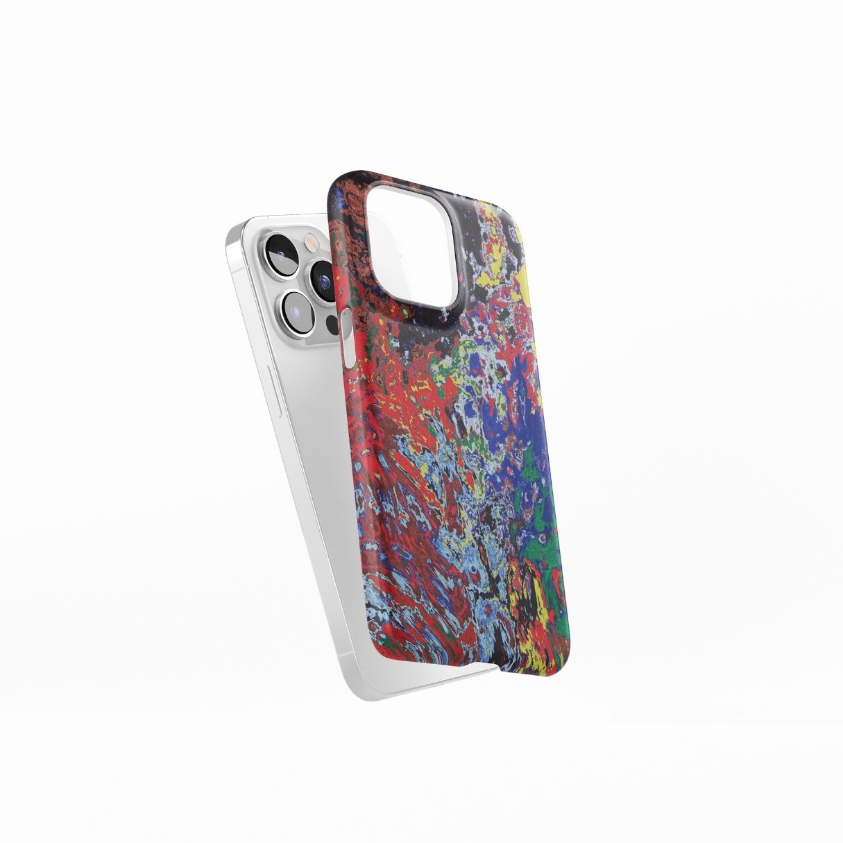 Snap ultra thin phone case with a bold vivid pattern Graffiti Pulse abstract and artistic style, featuring an elegant and expressive aesthetic design. Main colors are red, blue, black and yellow. Side view.