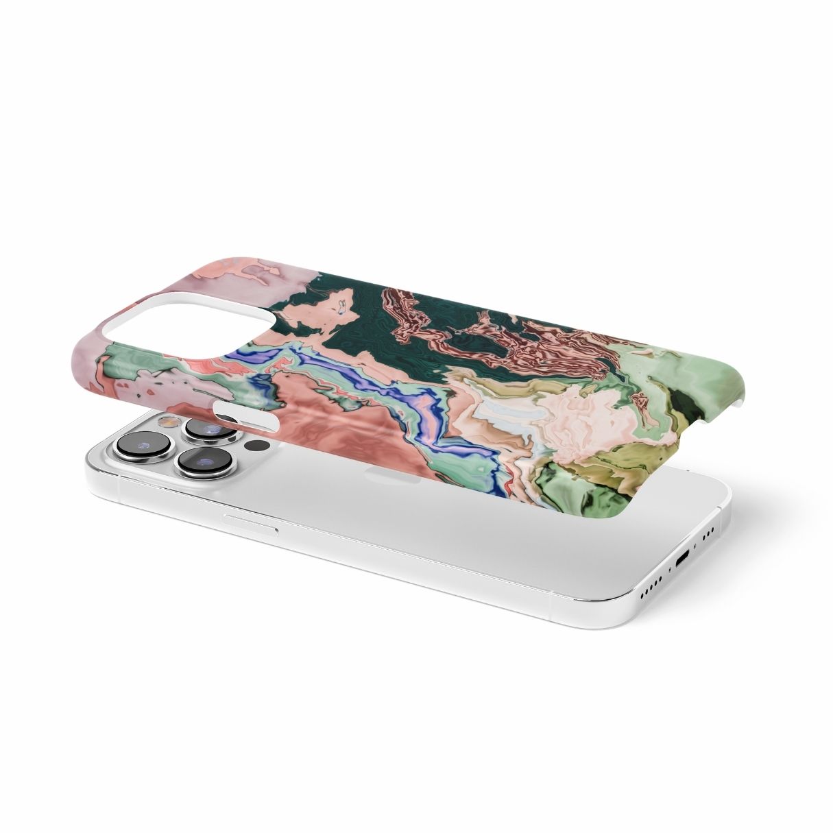 Ultra thin snap phone case with a bold vivid pattern Green Not Grass abstract and artistic style, featuring an elegant and expressive aesthetic design. Main colors are green and pink hues. Extend view.