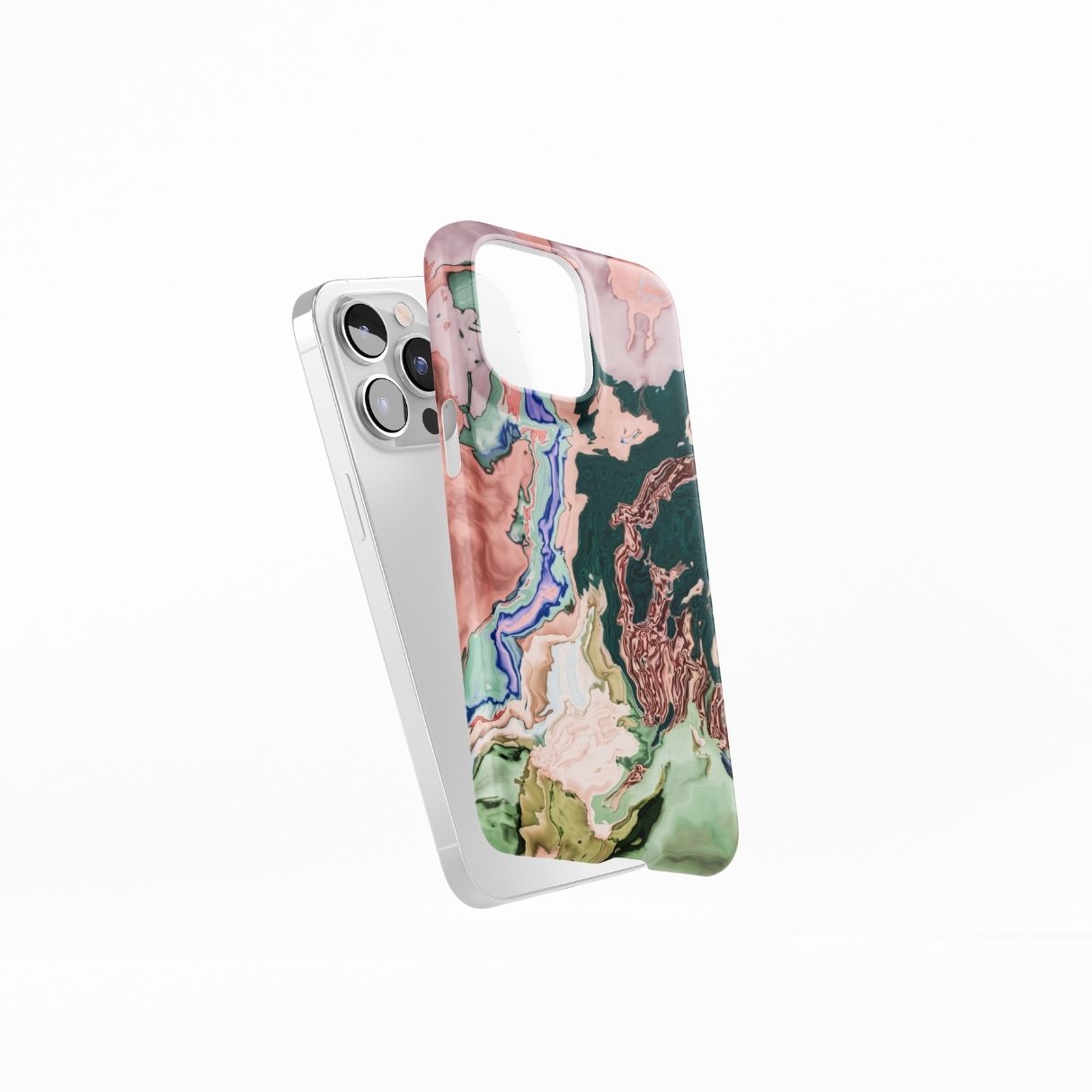 Ultra thin snap phone case with a bold vivid pattern Green Not Grass abstract and artistic style, featuring an elegant and expressive aesthetic design. Main colors are green and pink hues. Side view.
