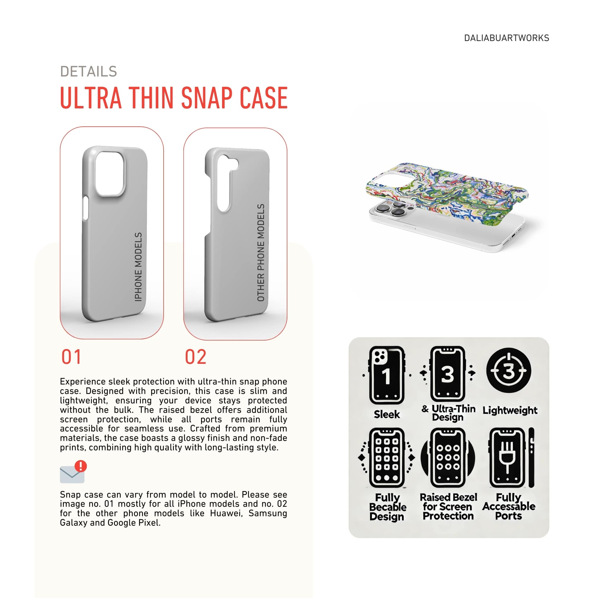 Ultra thin snap phone case front view; Inside My Brain pattern, artistic, abstract marble pattern. Mix color combination. Description about snug fit ultra thin phone case features.