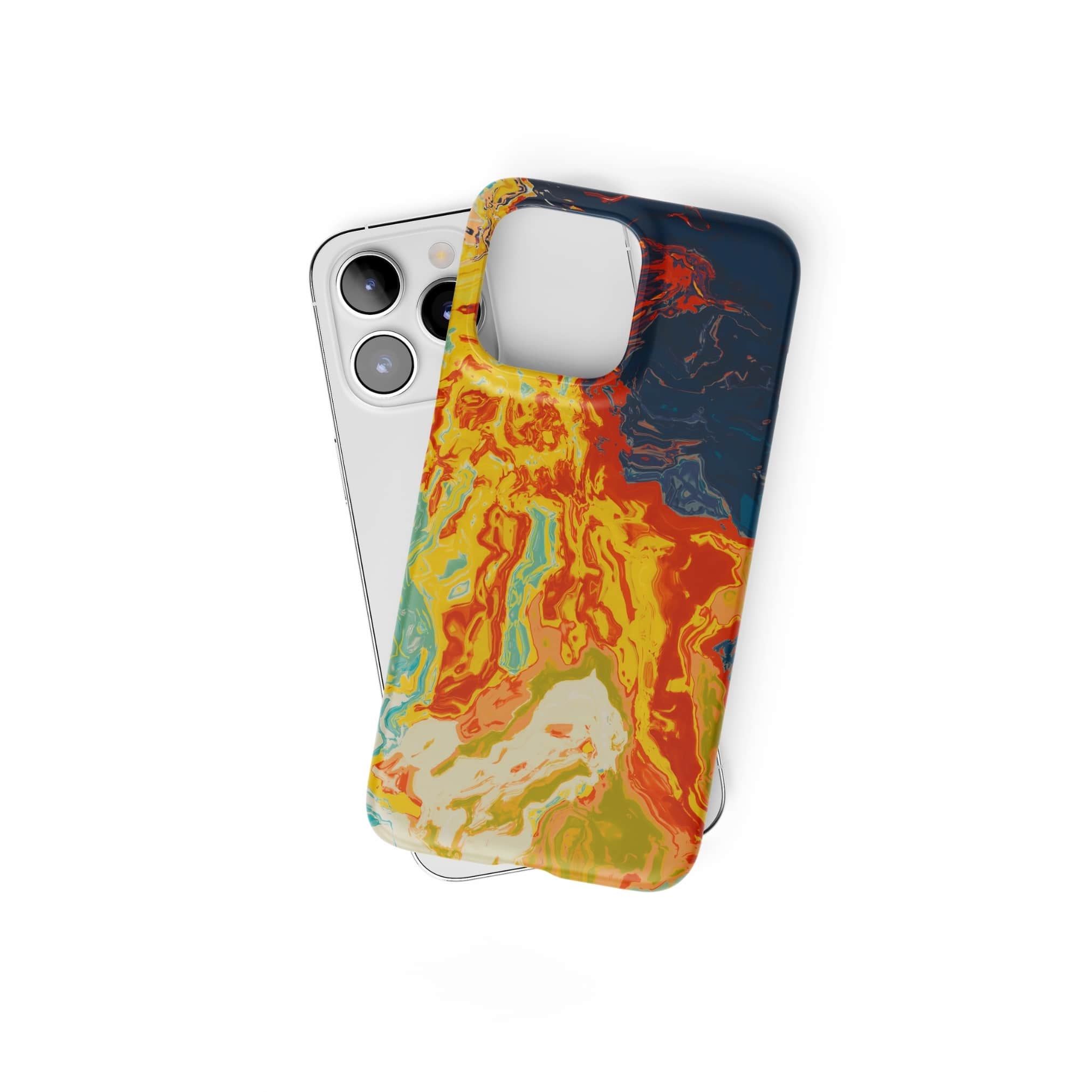 Ultra thin slim phone case with a bold vivid pattern in marble abstract and artistic style, featuring an elegant and expressive aesthetic design. Main colors are navy deep blue, rich yellow, red and marine blue. Front view.