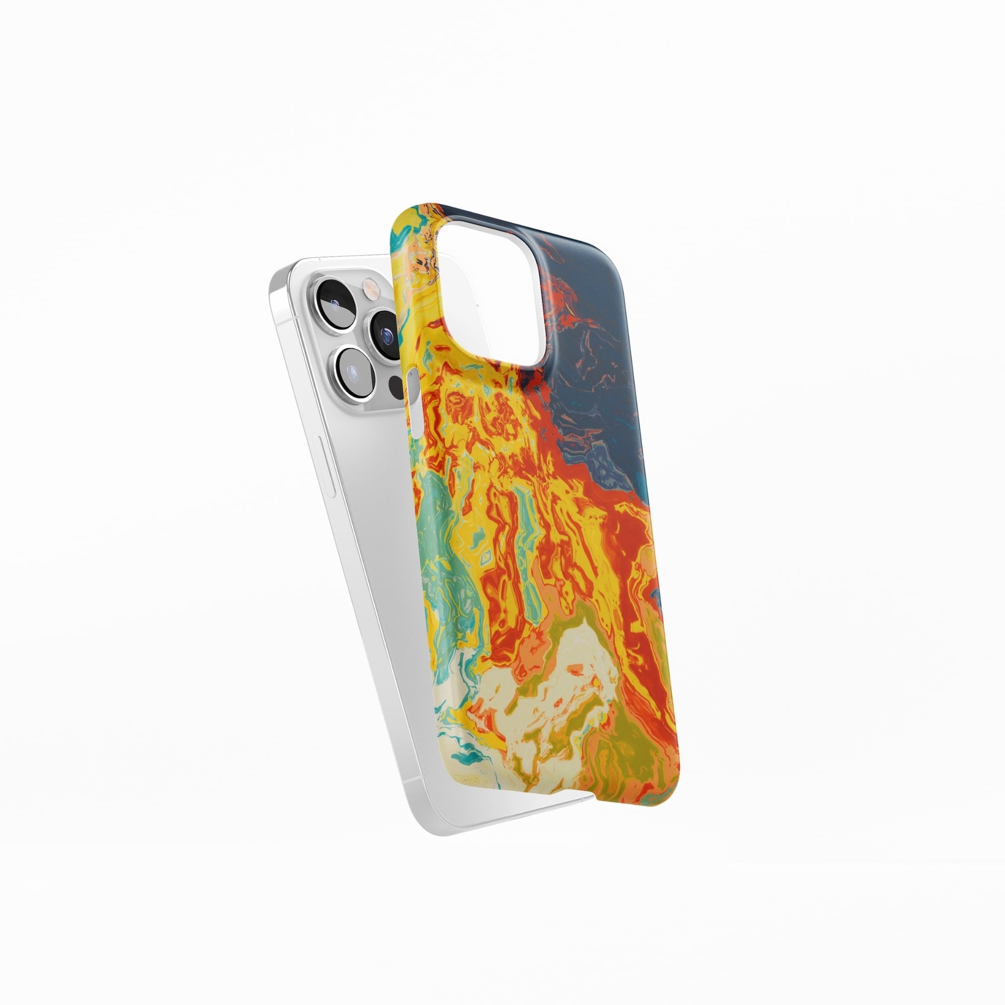 Ultra thin slim phone case with a bold vivid pattern in marble abstract and artistic style, featuring an elegant and expressive aesthetic design. Main colors are navy deep blue, rich yellow, red and marine blue. Side view.