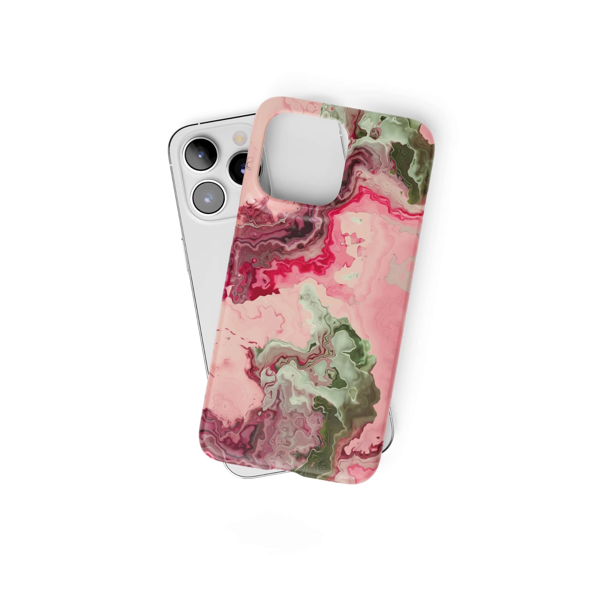 Snap ultra thin phone case with a bold vivid pattern Like Flamingo 1 in marble abstract and artistic style, featuring an elegant and expressive aesthetic design. Main colors are pink and green. Front.