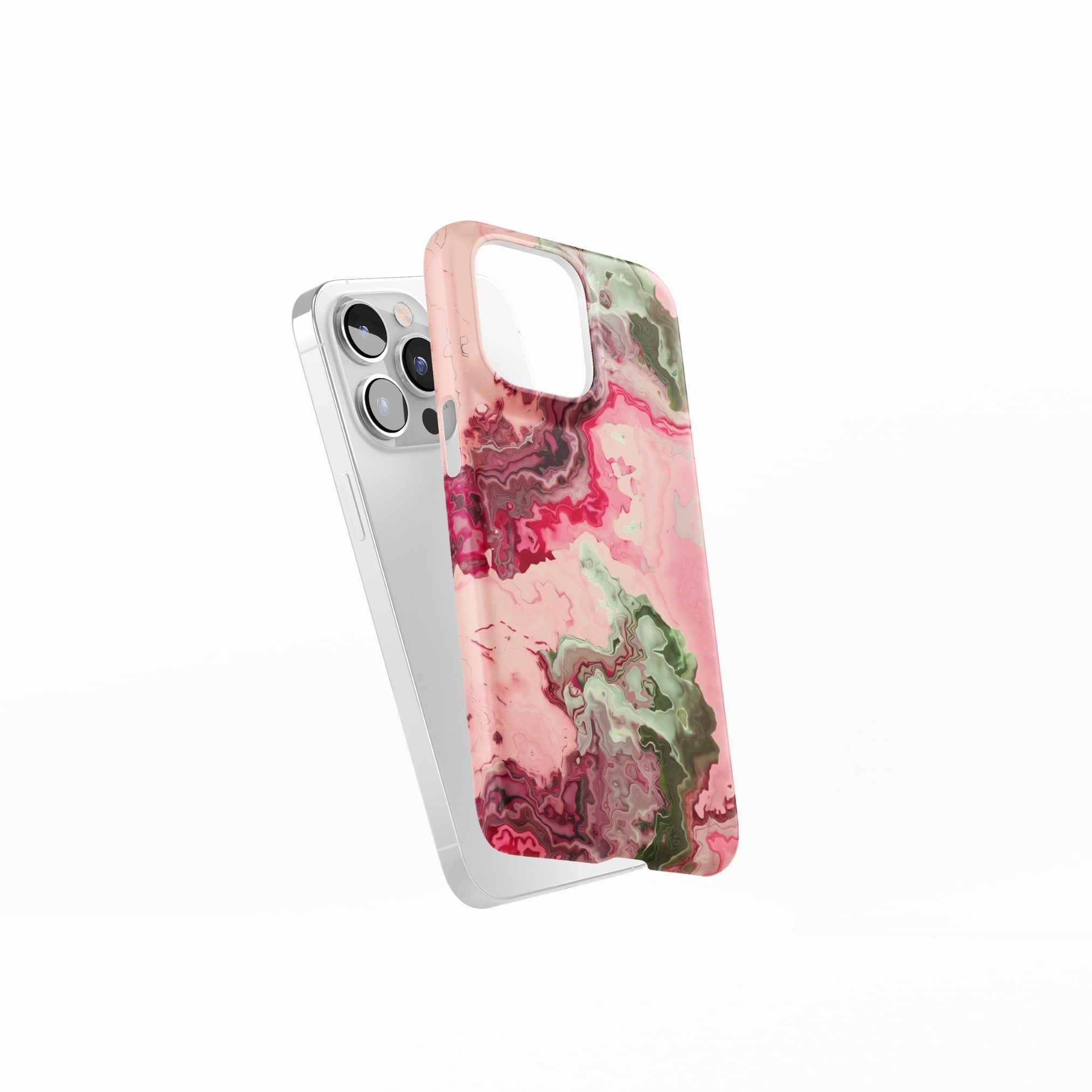 Snap ultra thin phone case with a bold vivid pattern Like Flamingo 1 in marble abstract and artistic style, featuring an elegant and expressive aesthetic design. Main colors are pink and green. Side view.