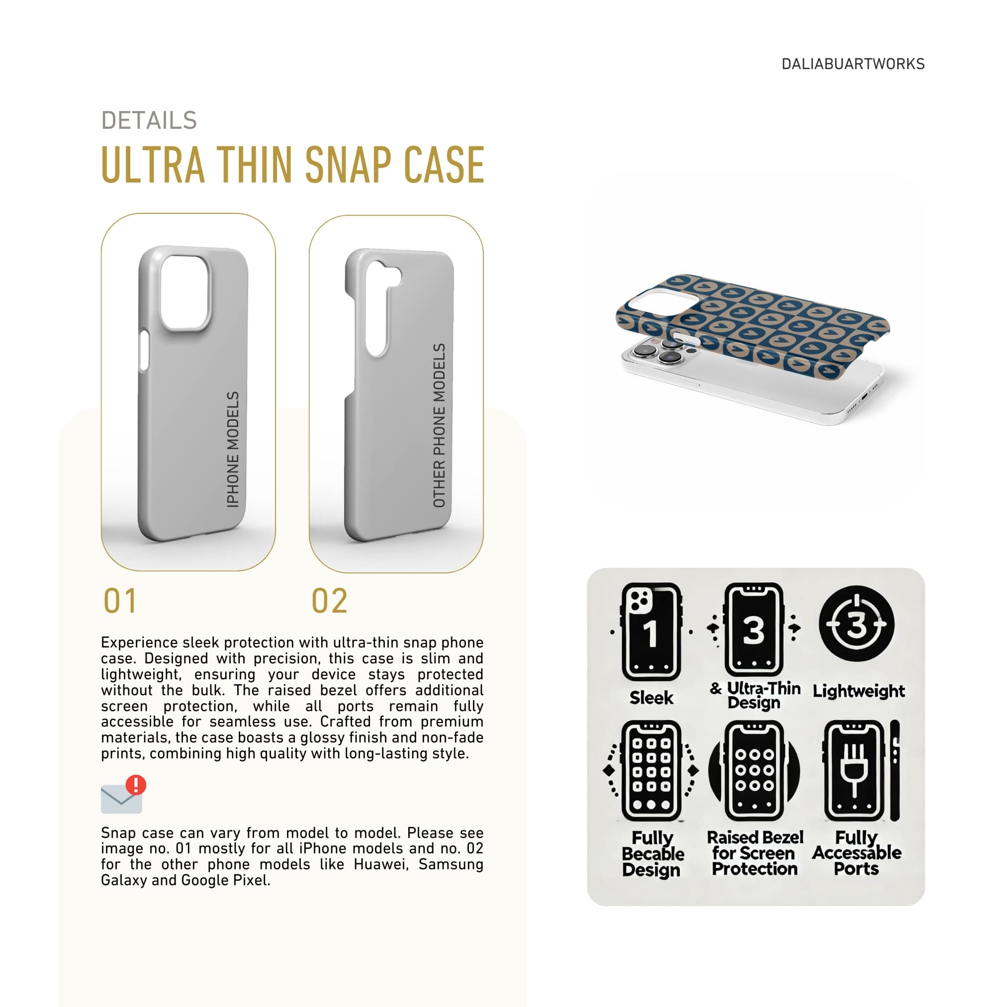 Ultra thin snap snug fit phone case LovDot Blue pattern design with a dynamic geometric symmetry in heart and dot style, featuring an elegant and expressive aesthetic design. Main colors are steel blue and light brown. Benefits about snap phone cover.