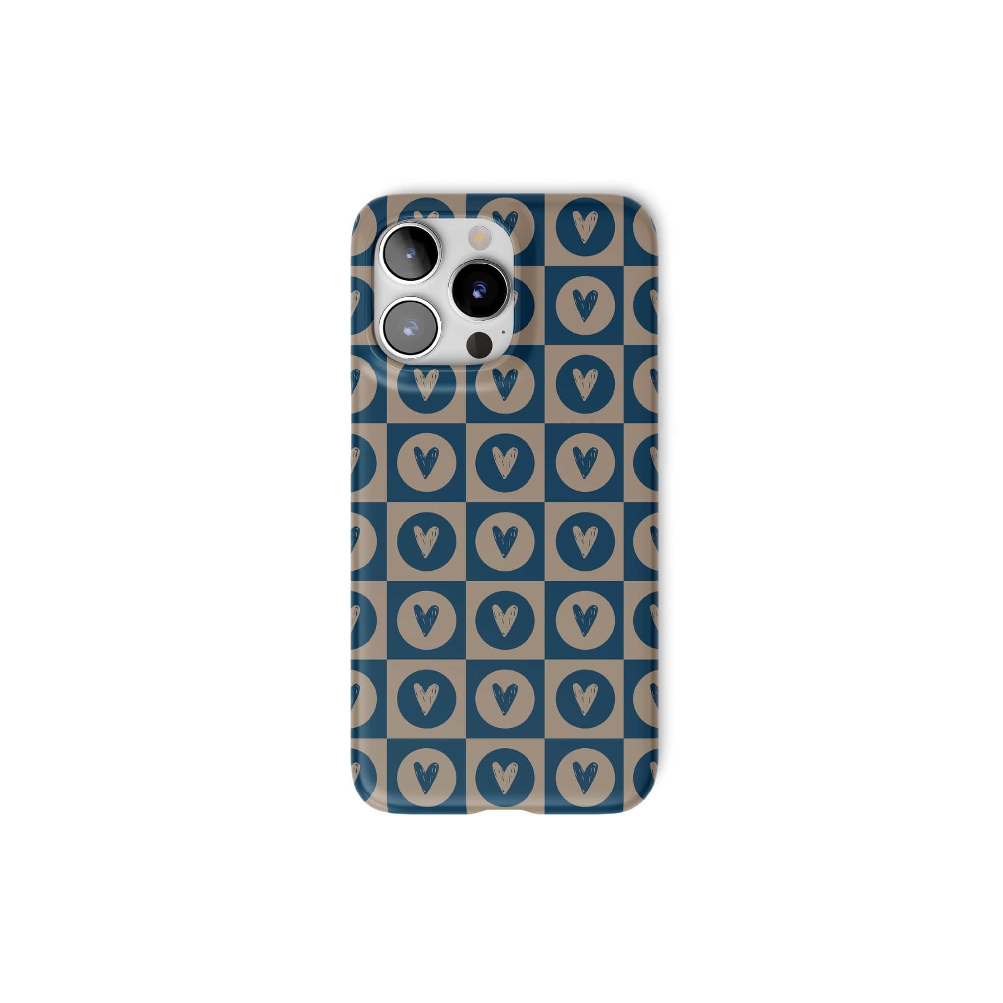 Ultra thin snap snug fit phone case LovDot Blue pattern design with a dynamic geometric symmetry in heart and dot style, featuring an elegant and expressive aesthetic design. Main colors are steel blue and light brown. Front view. 