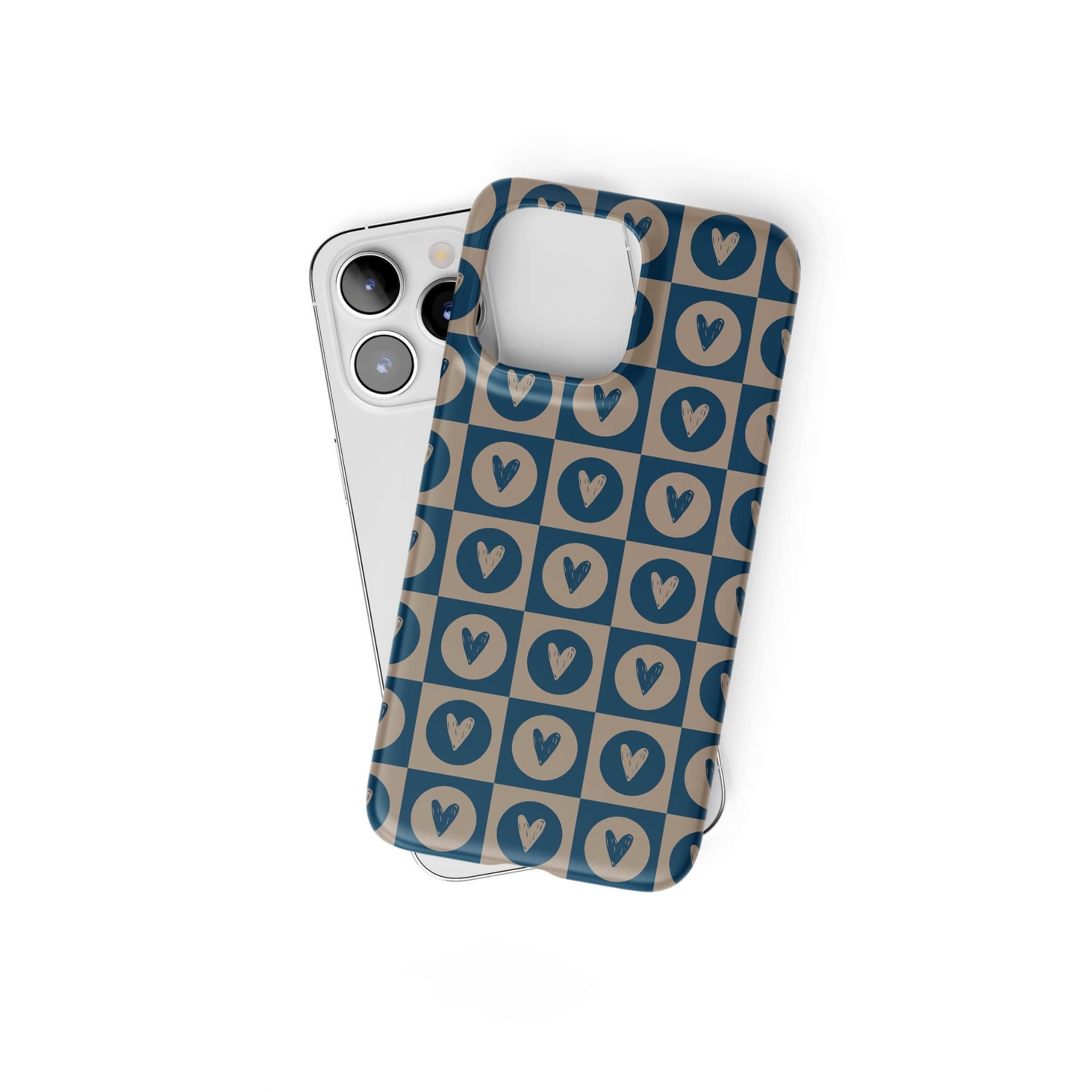 Ultra thin snap snug fit phone case LovDot Blue pattern design with a dynamic geometric symmetry in heart and dot style, featuring an elegant and expressive aesthetic design. Main colors are steel blue and light brown. Front view.