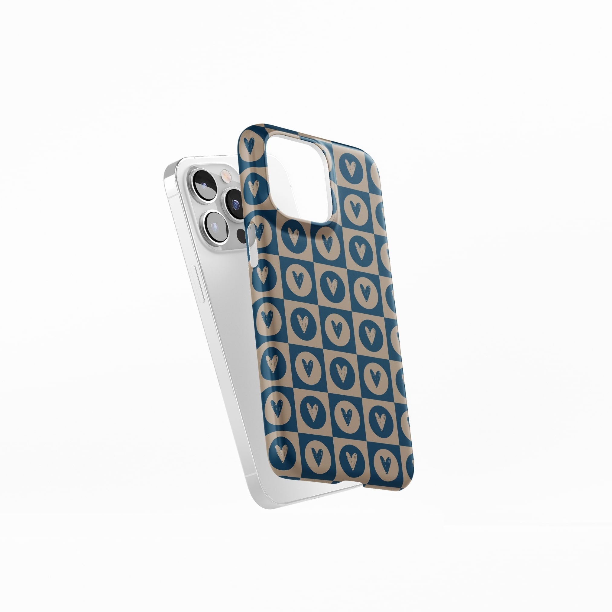 Ultra thin snap snug fit phone case LovDot Blue pattern design with a dynamic geometric symmetry in heart and dot style, featuring an elegant and expressive aesthetic design. Main colors are steel blue and light brown. Side view.
