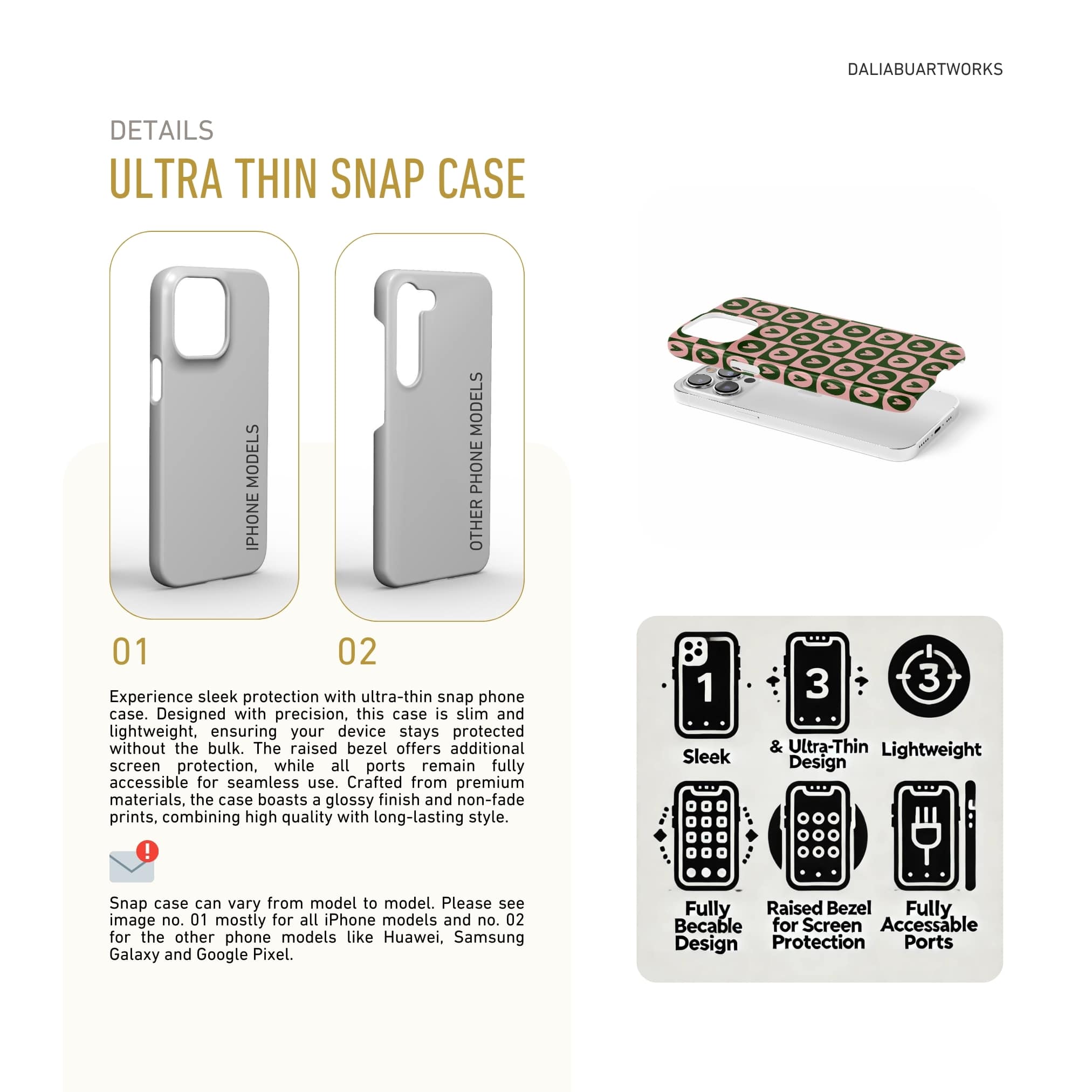 Ultra thin snap snug fit phone case LovDot Vintage Rose pattern design with a dynamic geometric symmetry in heart and dot style, featuring an elegant and expressive aesthetic design. Main colors are vintage pink and green. Benefits about snap phone cover.