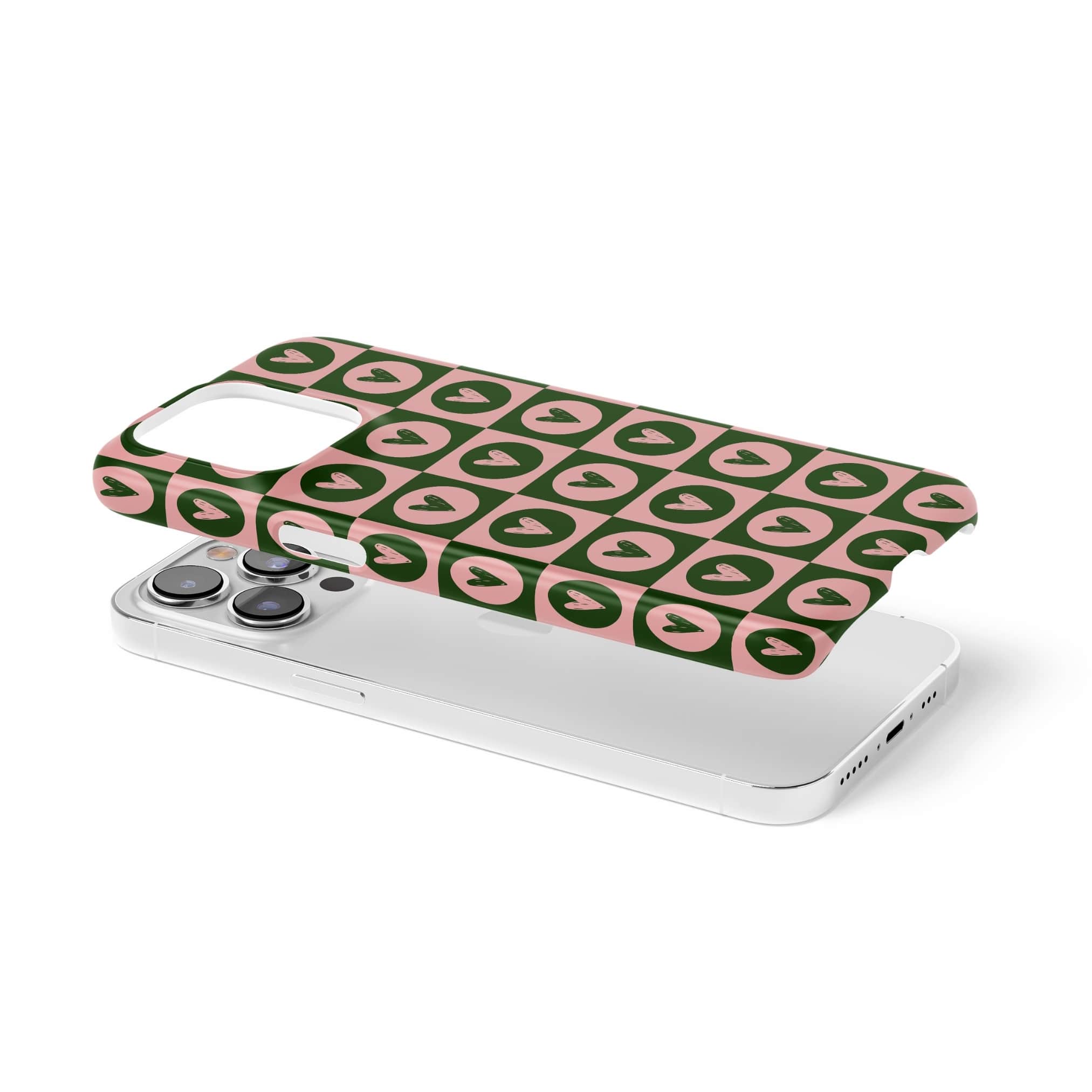 Ultra thin snap snug fit phone case LovDot Vintage Rose pattern design with a dynamic geometric symmetry in heart and dot style, featuring an elegant and expressive aesthetic design. Main colors are vintage pink and green. Extend view. 