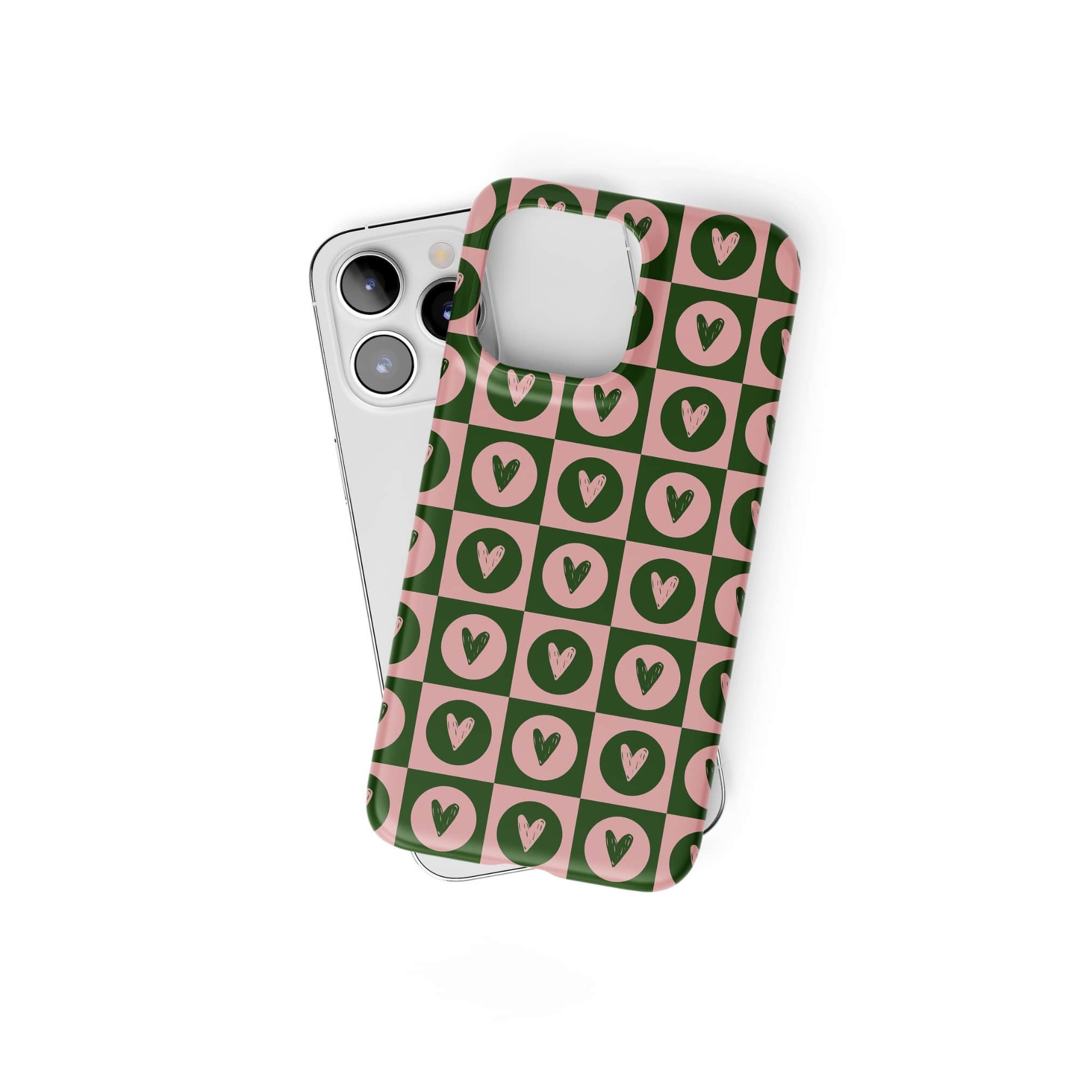 Ultra thin snap snug fit phone case LovDot Vintage Rose pattern design with a dynamic geometric symmetry in heart and dot style, featuring an elegant and expressive aesthetic design. Main colors are vintage pink and green. Front view. 