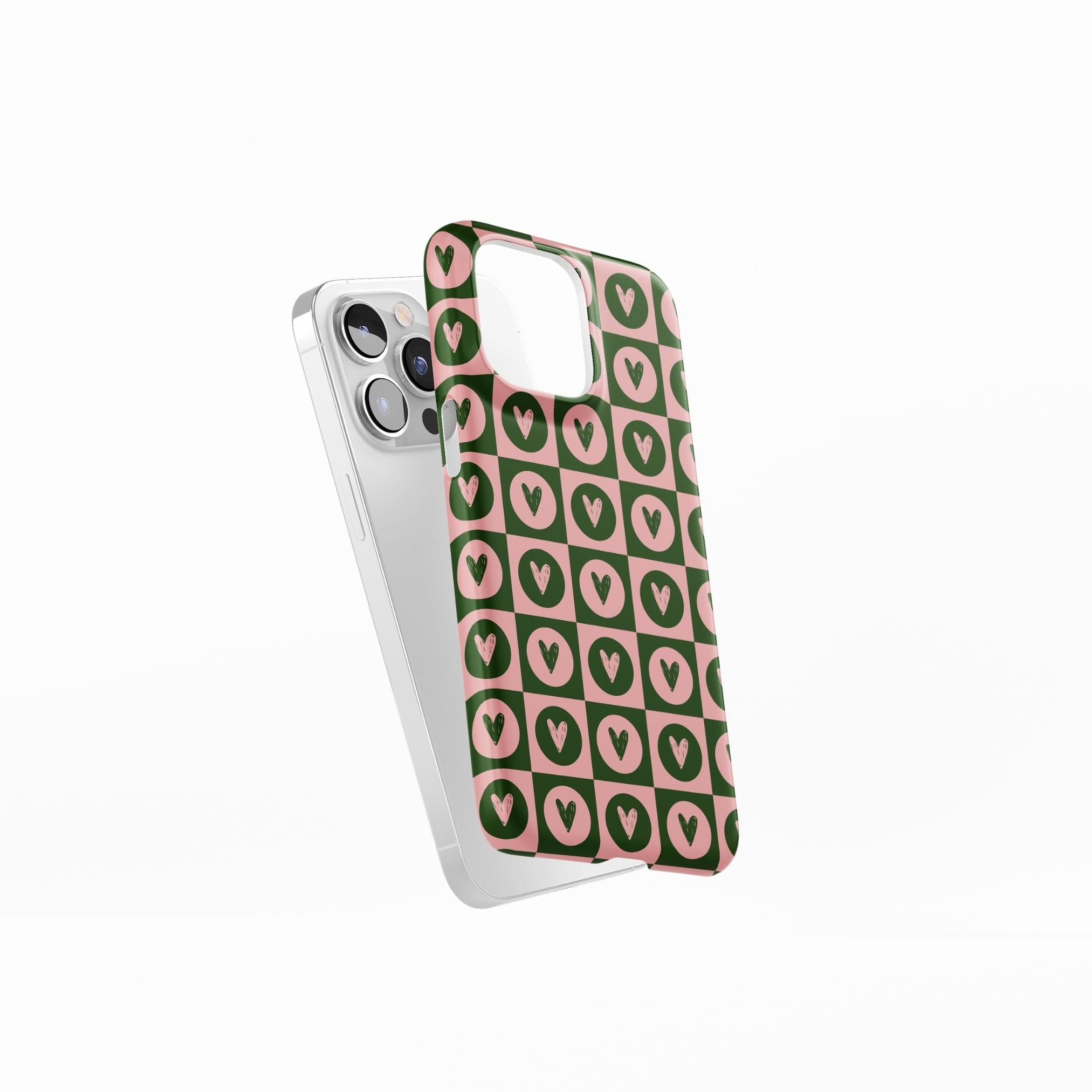 Ultra thin snap snug fit phone case LovDot Vintage Rose pattern design with a dynamic geometric symmetry in heart and dot style, featuring an elegant and expressive aesthetic design. Main colors are vintage pink and green. Side view.